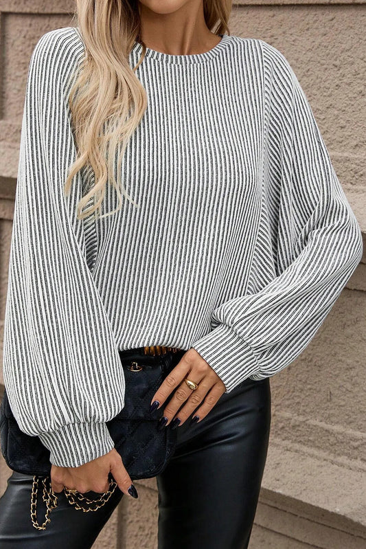 Gray Ribbed Knit Round Neck Long Lantern Sleeve Top-Tops/Long Sleeve Tops-[Adult]-[Female]-Gray-S-2022 Online Blue Zone Planet