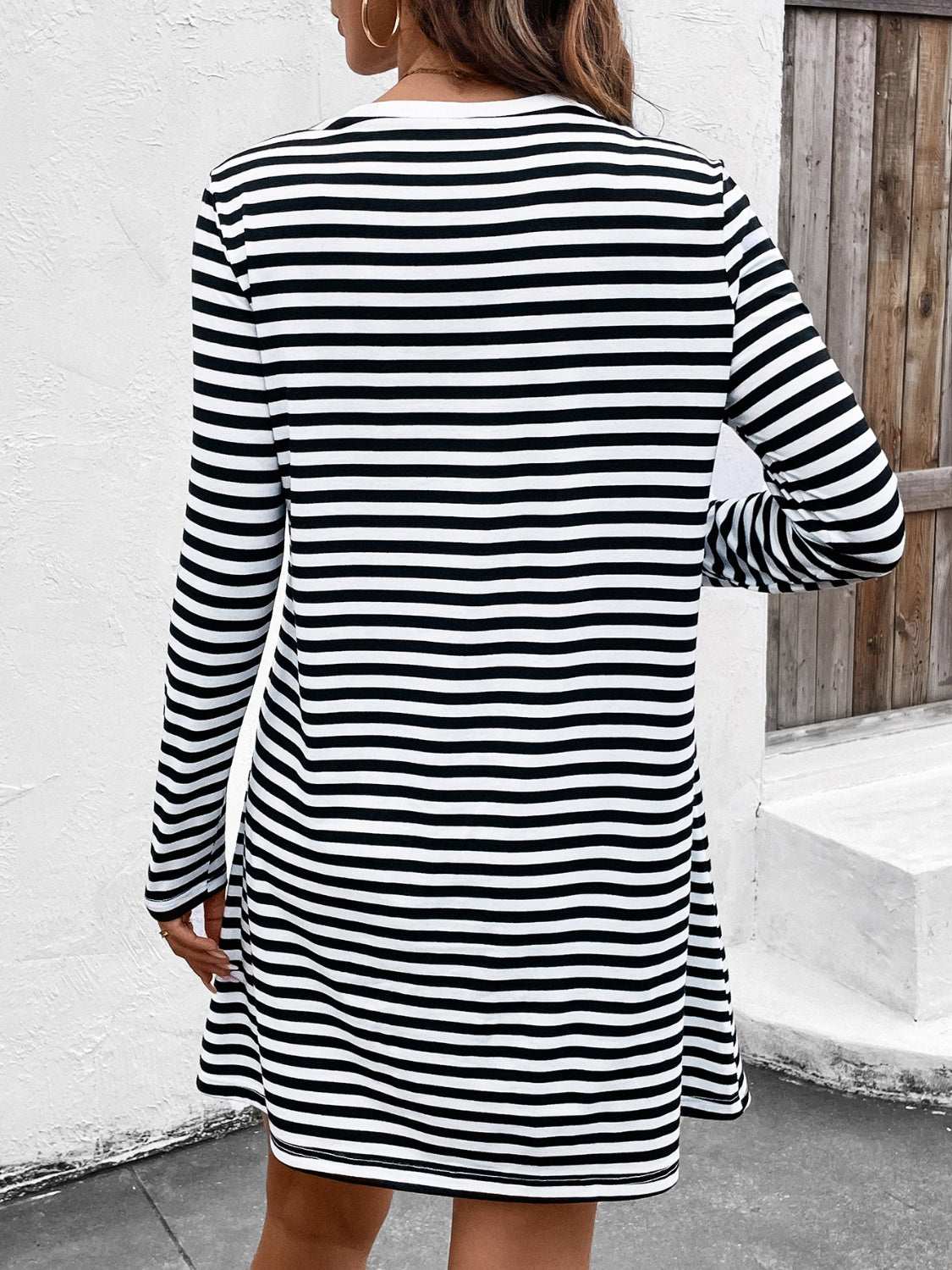 Heart Striped Round Neck Long Sleeve Mini Tee Dress-TOPS / DRESSES-[Adult]-[Female]-2022 Online Blue Zone Planet