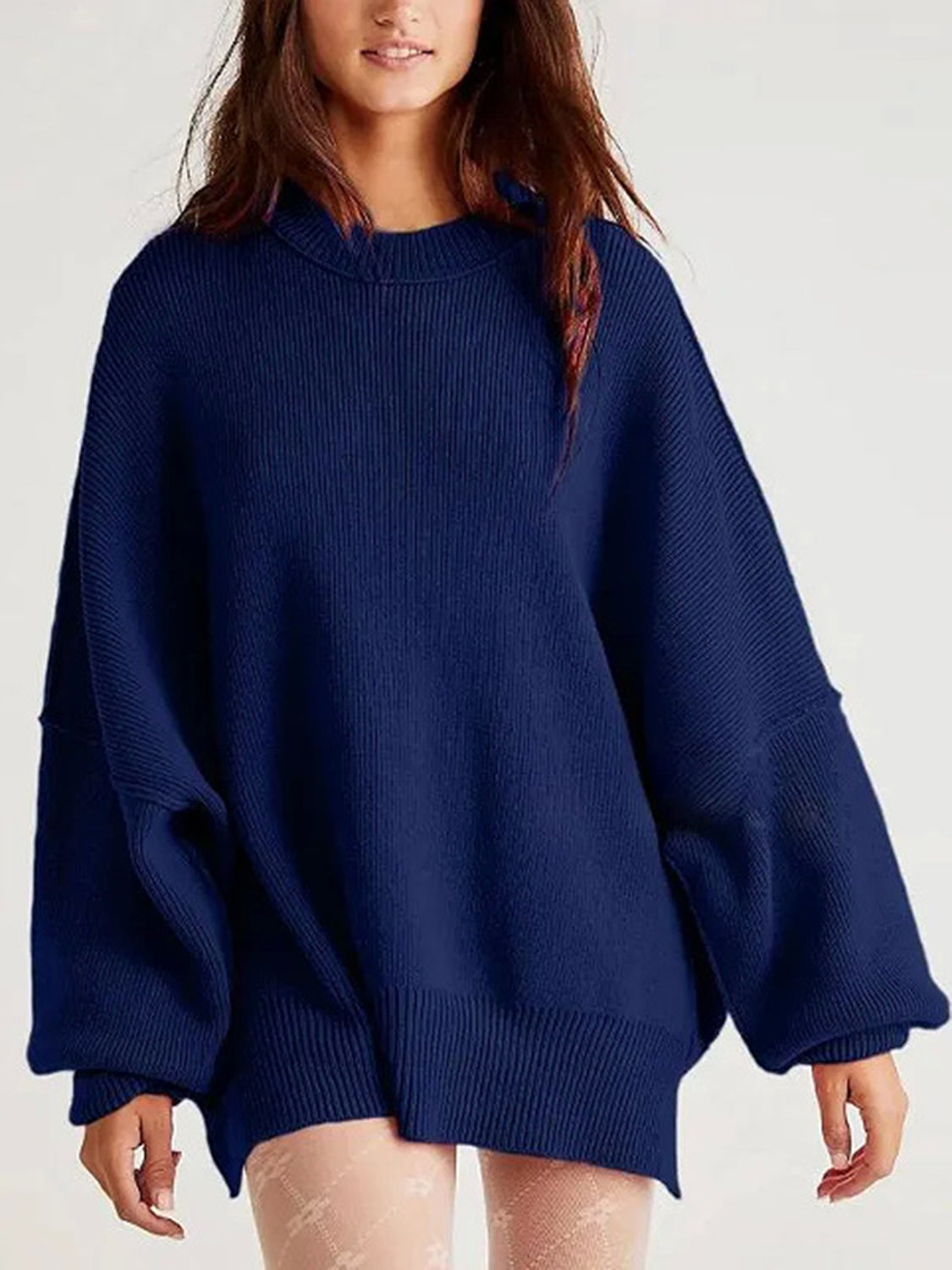 Round Neck Long Sleeve Sweater-TOPS / DRESSES-[Adult]-[Female]-Navy-S-2022 Online Blue Zone Planet