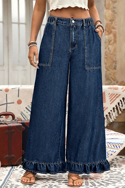 Dirty blue Plus Size Elastic Waist Ruffled Wide Leg Denim Pants-Plus Size/Plus Size Bottoms-[Adult]-[Female]-Dirty blue-L-2022 Online Blue Zone Planet