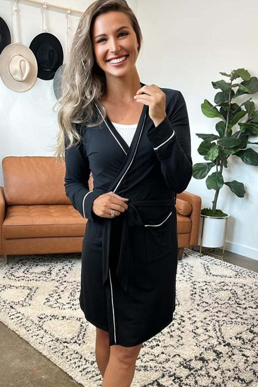 Black Contrast Trim Hooded Lounge Cardigan and Pants Set-Loungewear & Sleepwear/Loungewear-[Adult]-[Female]-2022 Online Blue Zone Planet