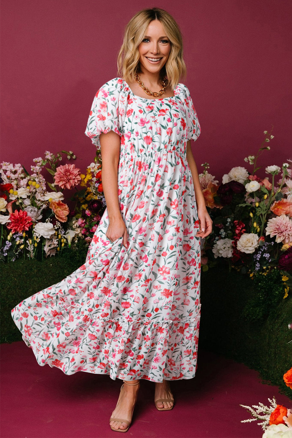 Pink Floral Puff Sleeve Square Neck Empire Waist Tiered Maxi Dress-Dresses/Floral Dresses-[Adult]-[Female]-2022 Online Blue Zone Planet