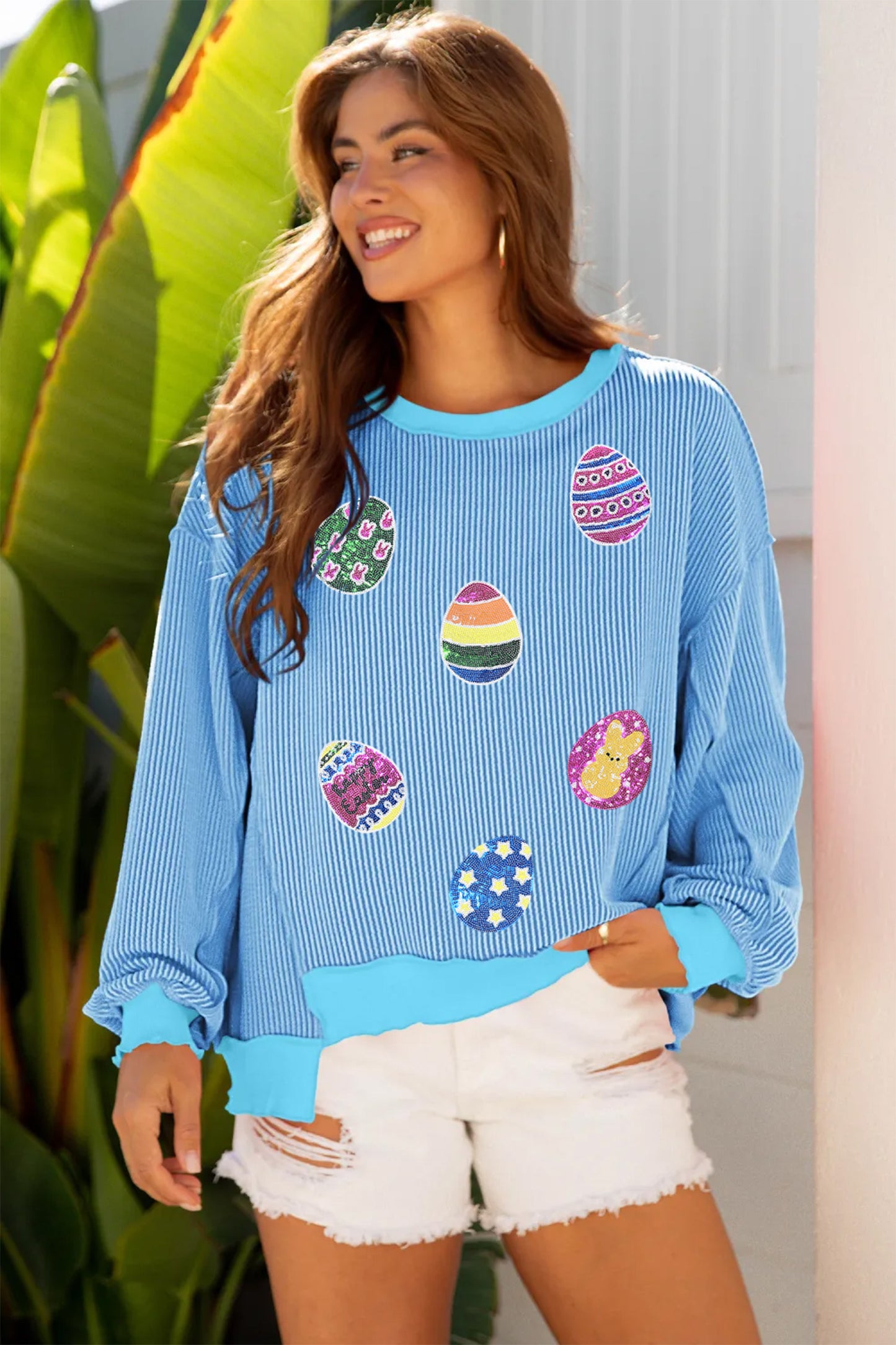 Myosotis Sequin Easter Eggs Twisted Rib Exposed Seam Color Block Top-Graphic/Graphic Long Sleeve Tees-[Adult]-[Female]-Myosotis-S-2022 Online Blue Zone Planet