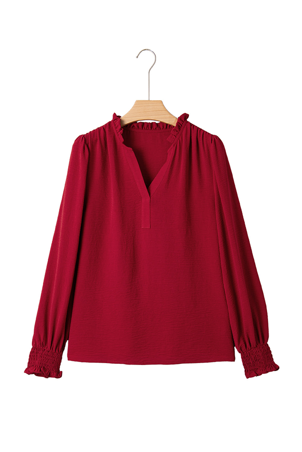 Burgundy Notched Neck Shirred Cuff Long Sleeve Blouse-Tops/Blouses & Shirts-[Adult]-[Female]-2022 Online Blue Zone Planet