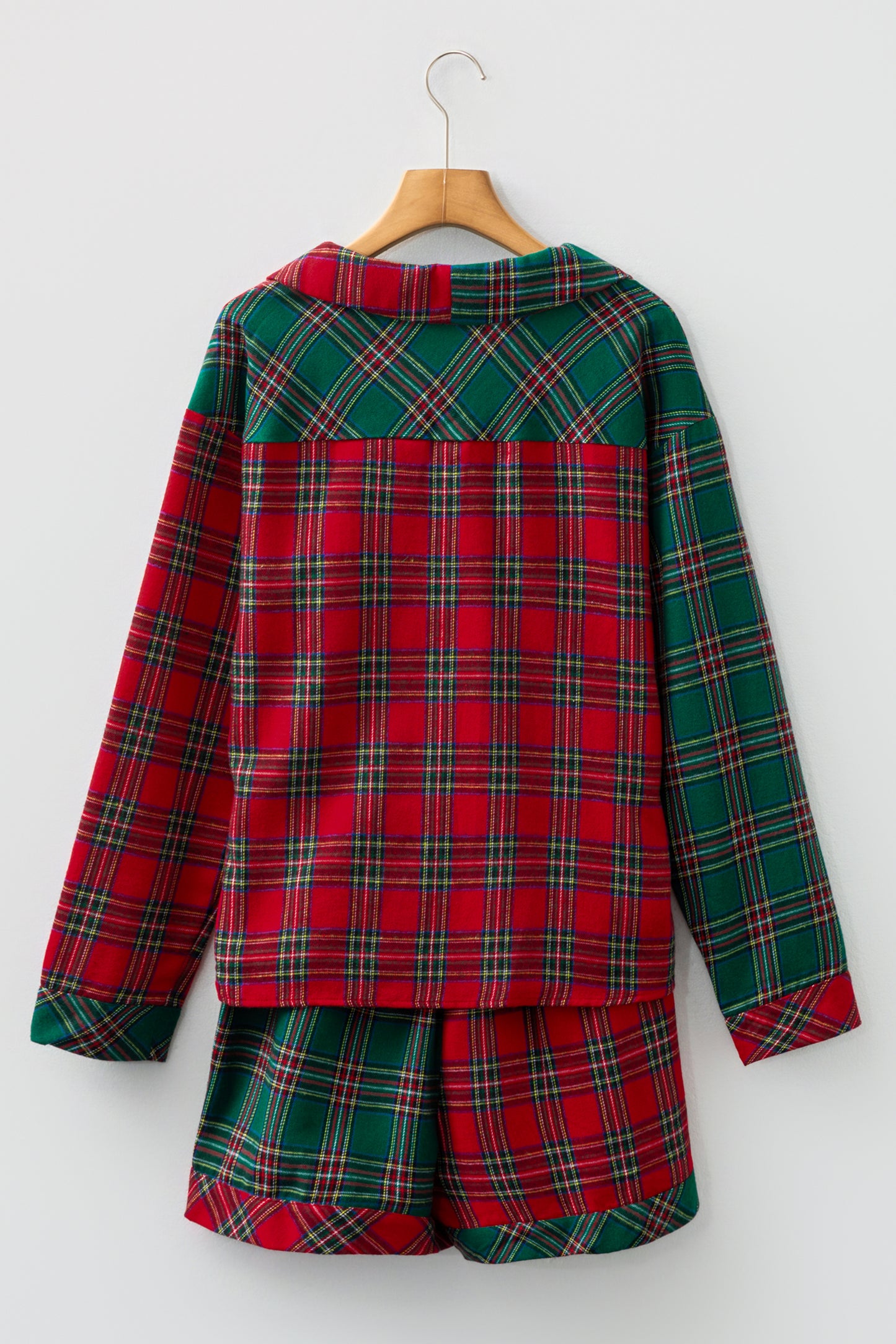 Green Plaid Christmas Holiday Patchwork Long Sleeve Shirt and Shorts Pajama Set-Loungewear Set-[Adult]-[Female]-2022 Online Blue Zone Planet