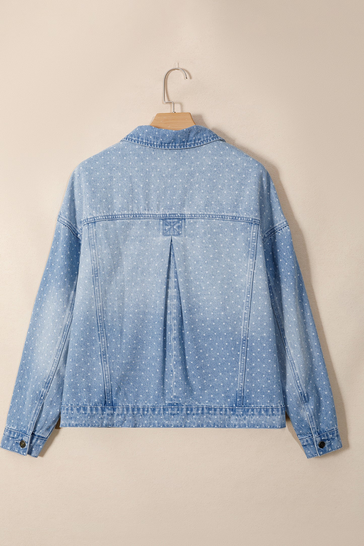 Sky Blue Polka Dot Long Sleeve Collar Pocket Casual Shift Silhouette Denim Jacket-Outerwear/Denim jackets-[Adult]-[Female]-2022 Online Blue Zone Planet
