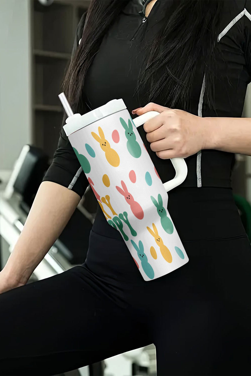 White Dont Worry Be Hoppy Bunny Print Thermal Tumbler 40oz