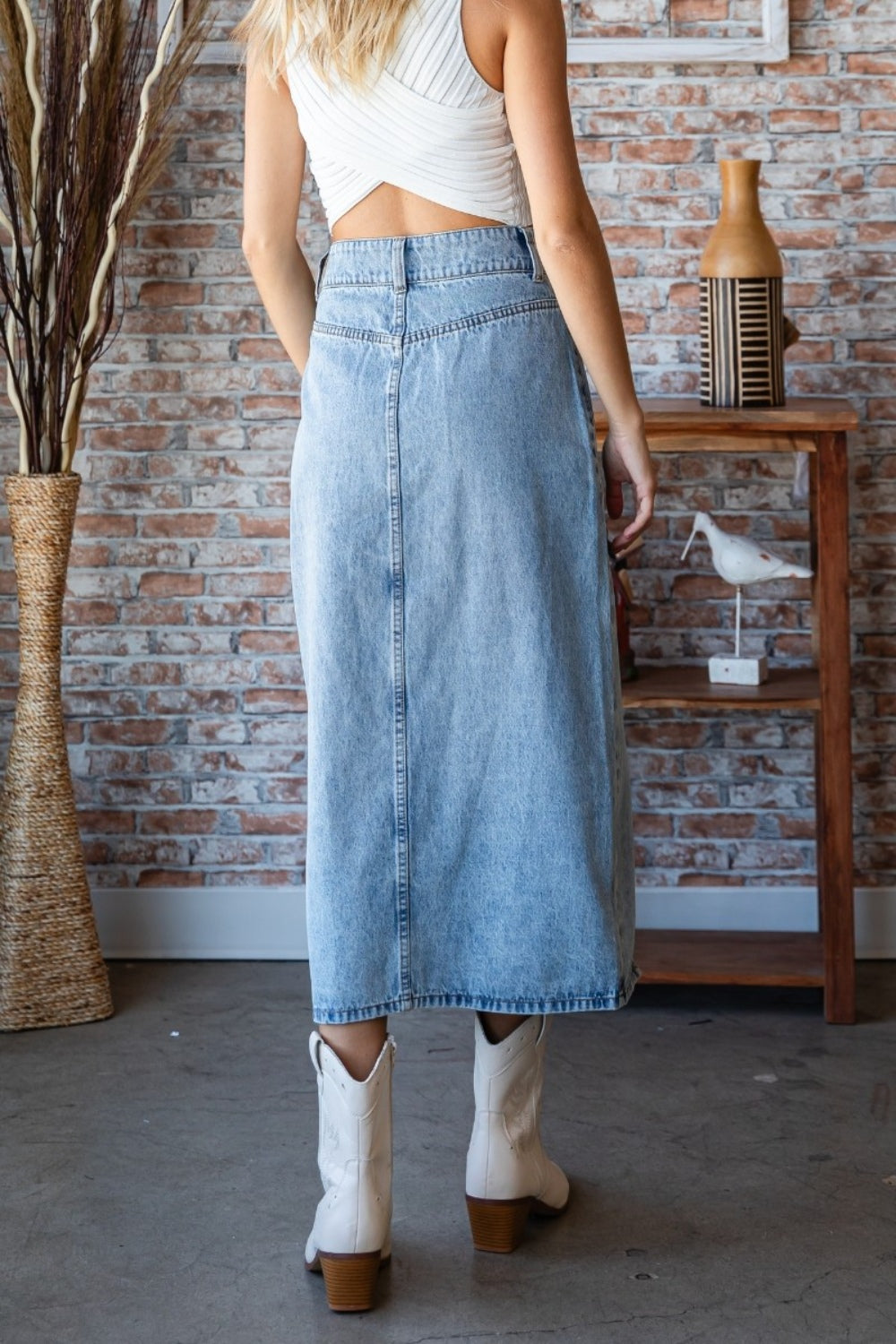 Veveret Slit Mid Rise Waist Denim Skirt-[Adult]-[Female]-2022 Online Blue Zone Planet