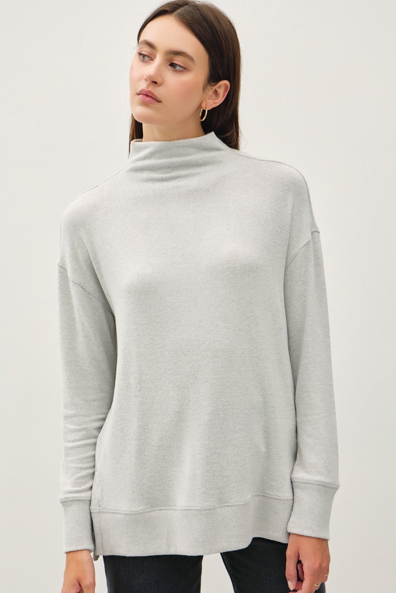 Blue Zone Planet | Be Cool Side Slit Mock Neck Long Sleeve Tunic Top-TOPS / DRESSES-[Adult]-[Female]-Light Gray-S-2022 Online Blue Zone Planet