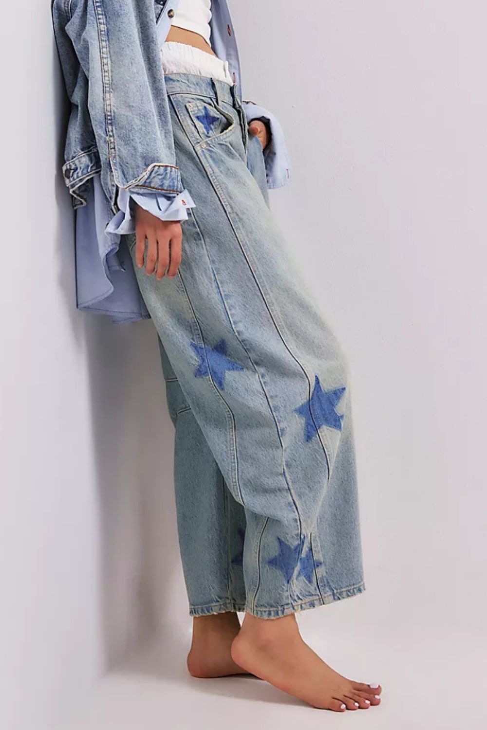 Contrast Star Wide Leg Jeans-BOTTOM SIZES SMALL MEDIUM LARGE-[Adult]-[Female]-2022 Online Blue Zone Planet