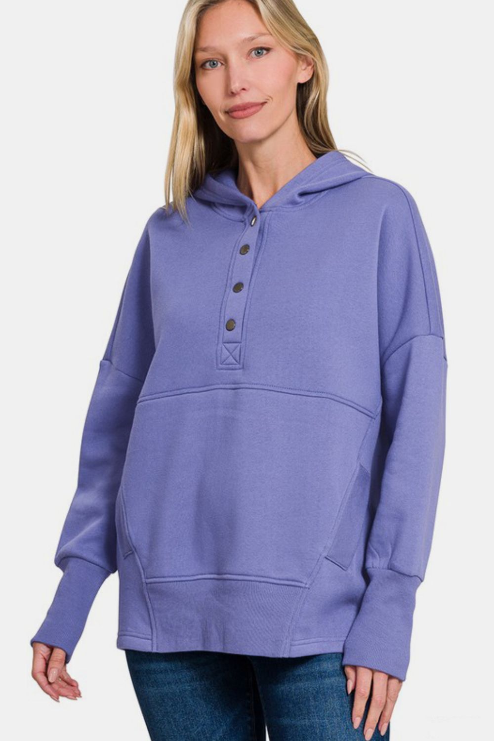 Zenana Half Snap Long Sleeve Hoodie with Kangaroo Pocket-TOPS / DRESSES-[Adult]-[Female]-2022 Online Blue Zone Planet