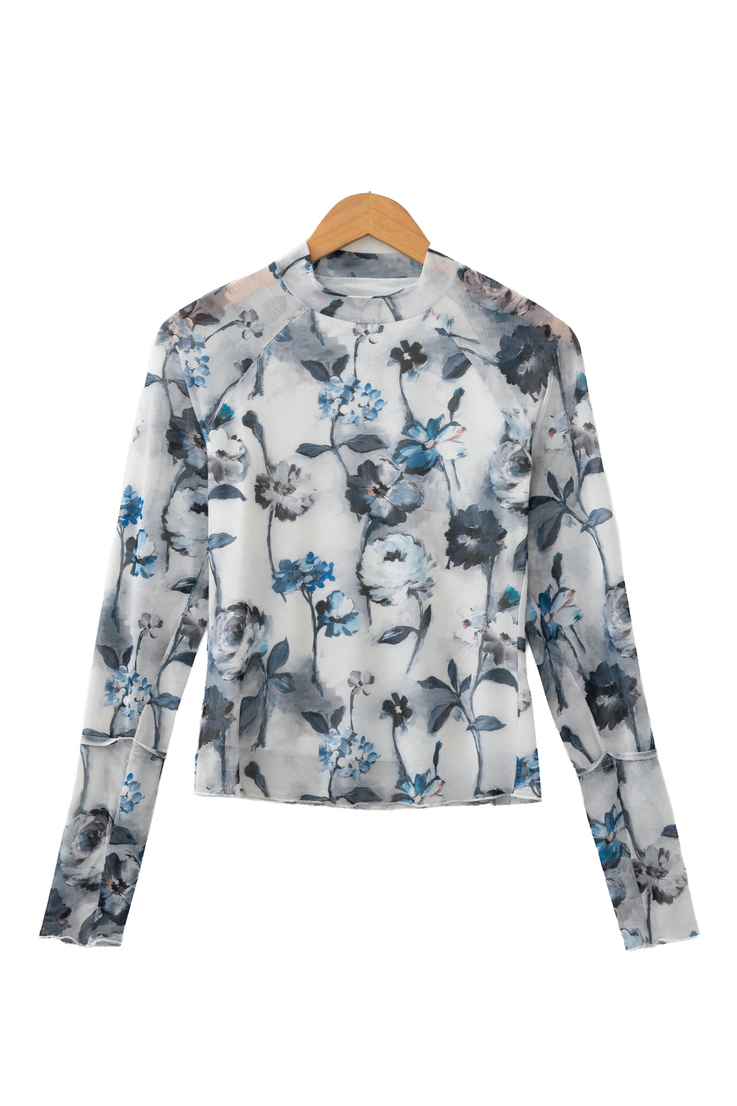 Sky Blue Floral Mesh High Neck Long Sleeve Sheath Top-Tops/Long Sleeve Tops-[Adult]-[Female]-2022 Online Blue Zone Planet