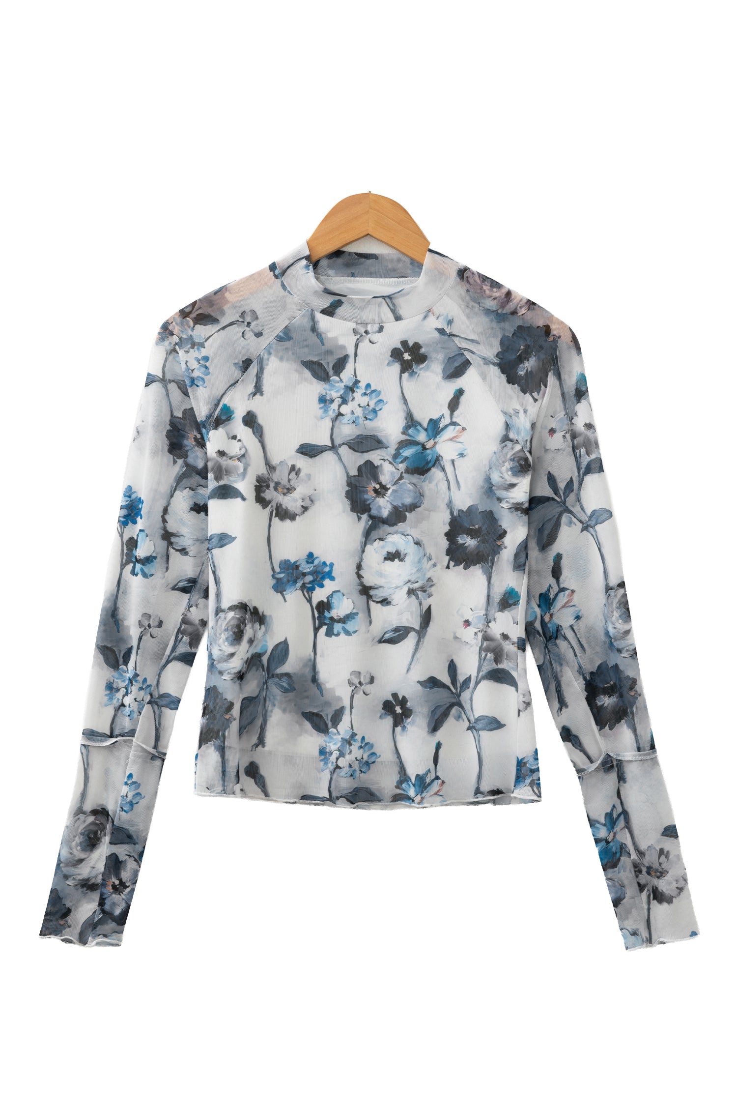 Sky Blue Floral Mesh High Neck Long Sleeve Sheath Top-Tops/Long Sleeve Tops-[Adult]-[Female]-2022 Online Blue Zone Planet