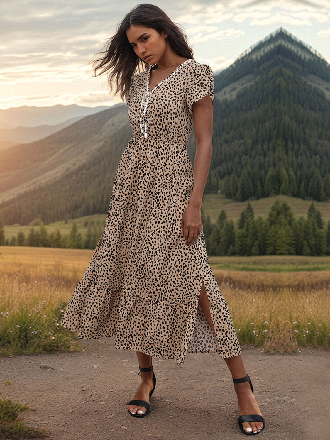 Blue Zone Planet |  Slit Printed V-Neck Short Sleeve Dress BLUE ZONE PLANET