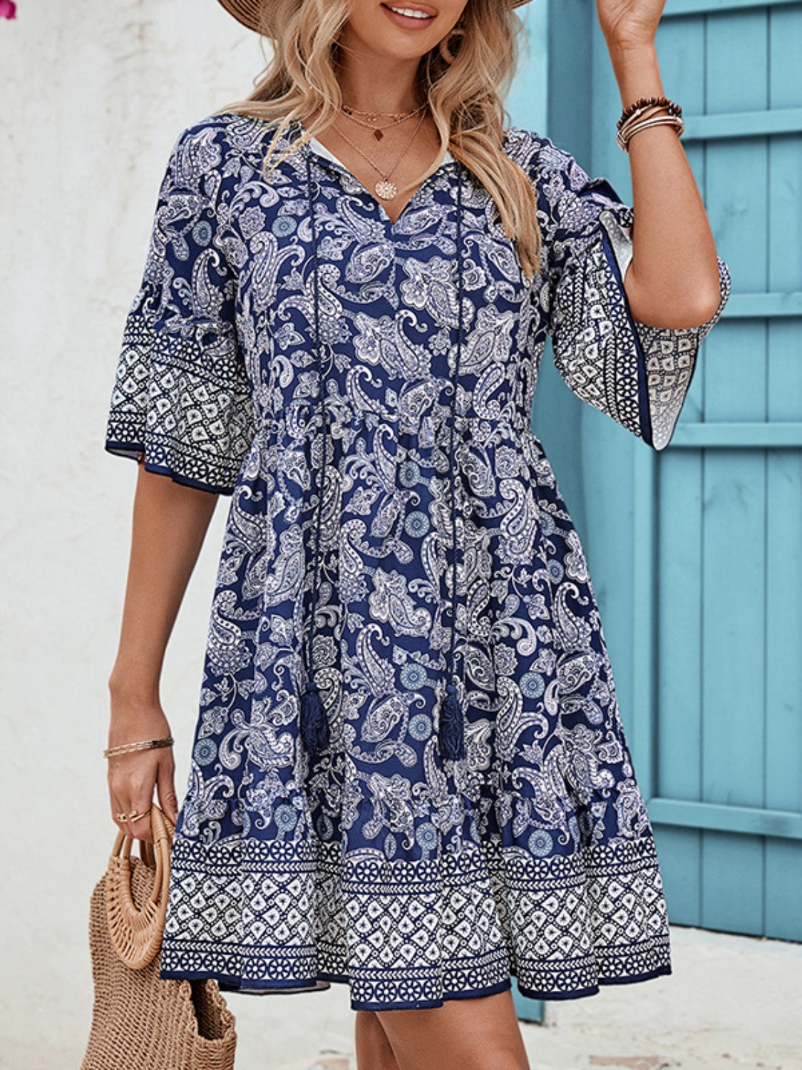 Honey Tied Printed Half Sleeve Dress-TOPS / DRESSES-[Adult]-[Female]-Navy-S-2022 Online Blue Zone Planet