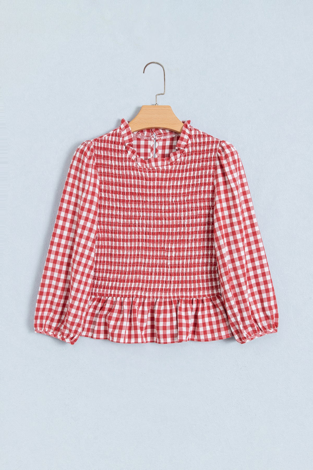 Red 3/4 Sleeve Shirred Plaid Peplum Top-Tops/Blouses & Shirts-[Adult]-[Female]-2022 Online Blue Zone Planet