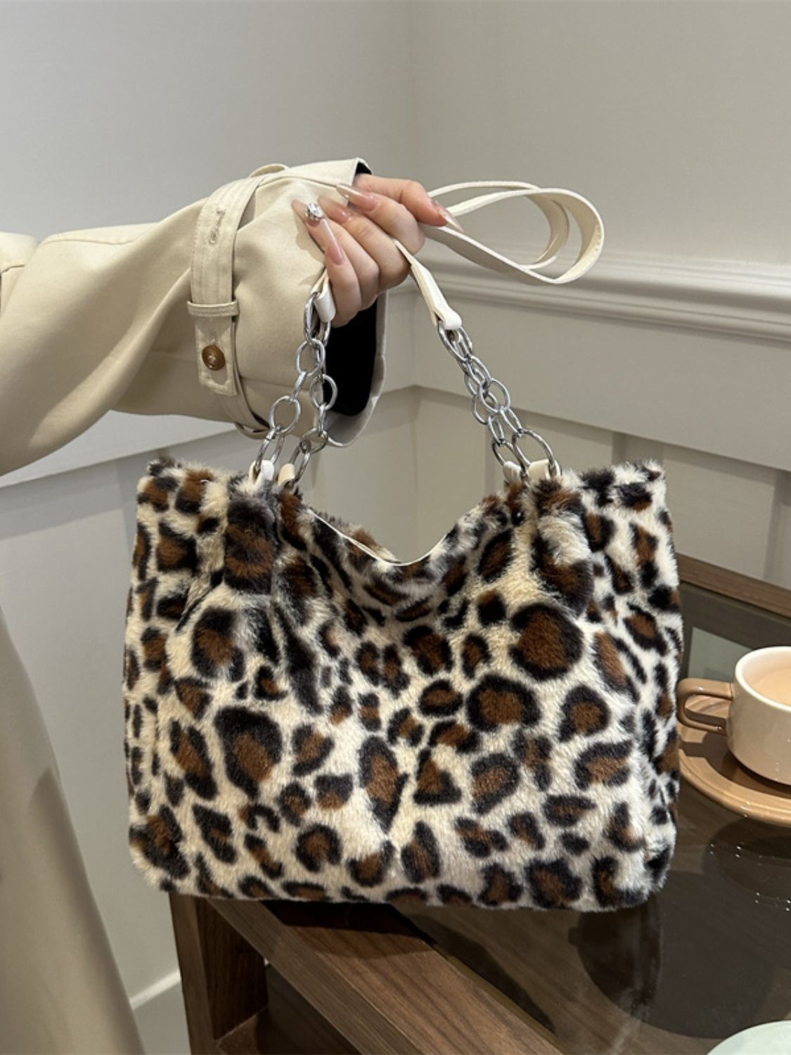 Faux Fur Leopard Shoulder Bag-HANDBAGS-[Adult]-[Female]-Beige-One Size-2022 Online Blue Zone Planet