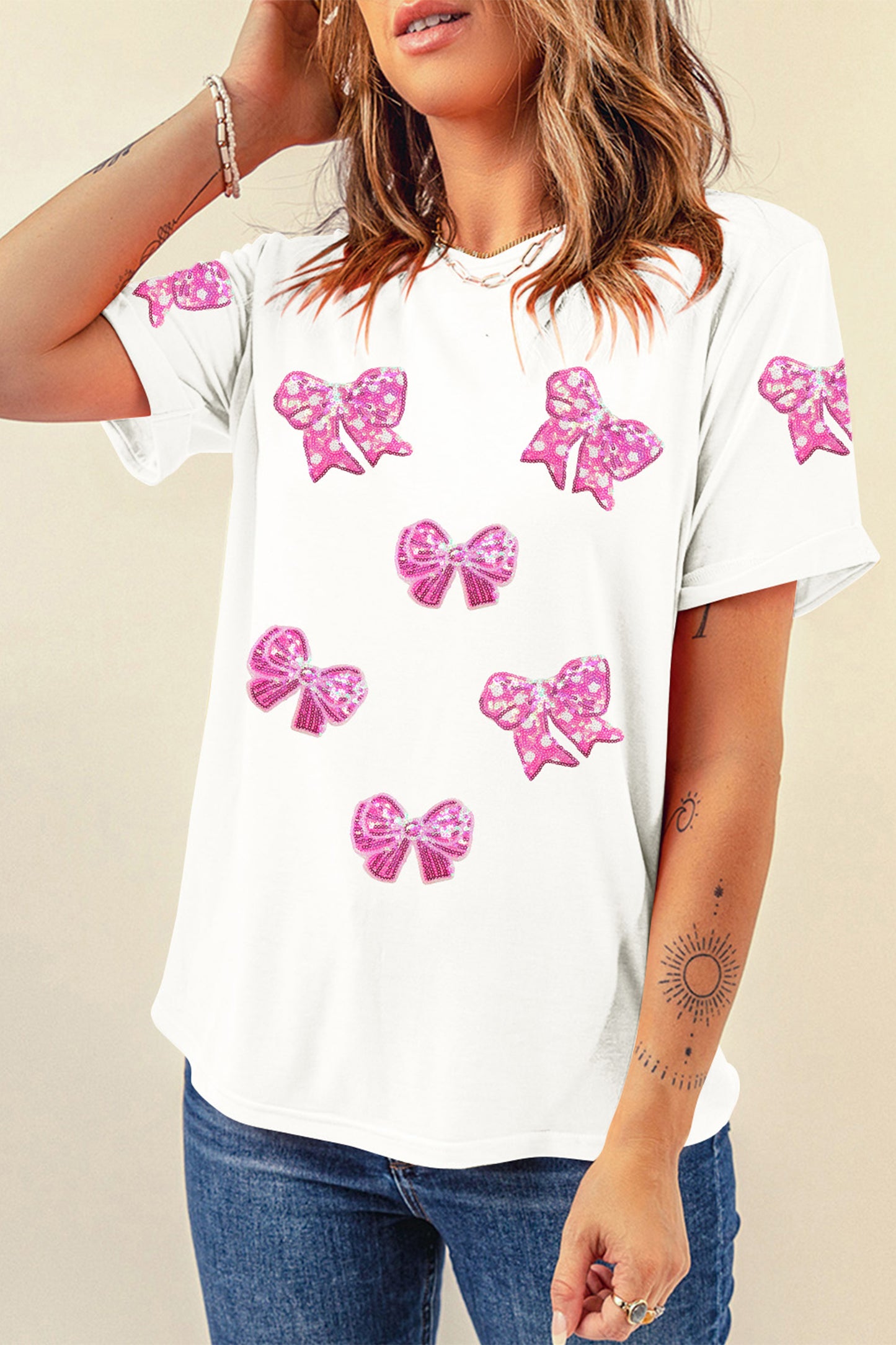 White Shimmering Bow Patched Pattern Valentine T Shirt-Graphic Tees-[Adult]-[Female]-2022 Online Blue Zone Planet
