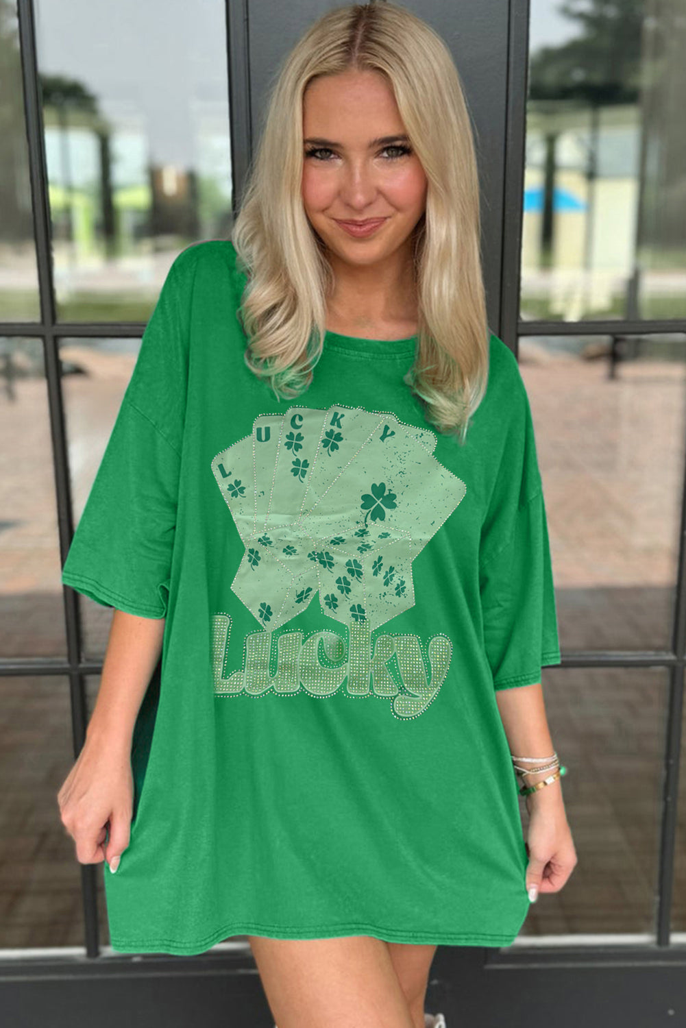 Bright Green Rhinestone Lucky Poker Cards Oversized T Shirt Mini Dress-TOPS / DRESSES-[Adult]-[Female]-2022 Online Blue Zone Planet