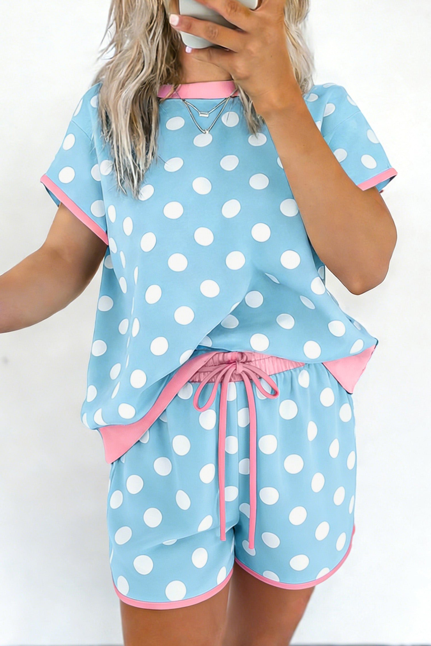 Pink Polka Dot Contrast Edge Casual Short Set-Two Piece Sets/Short Sets-[Adult]-[Female]-2022 Online Blue Zone Planet