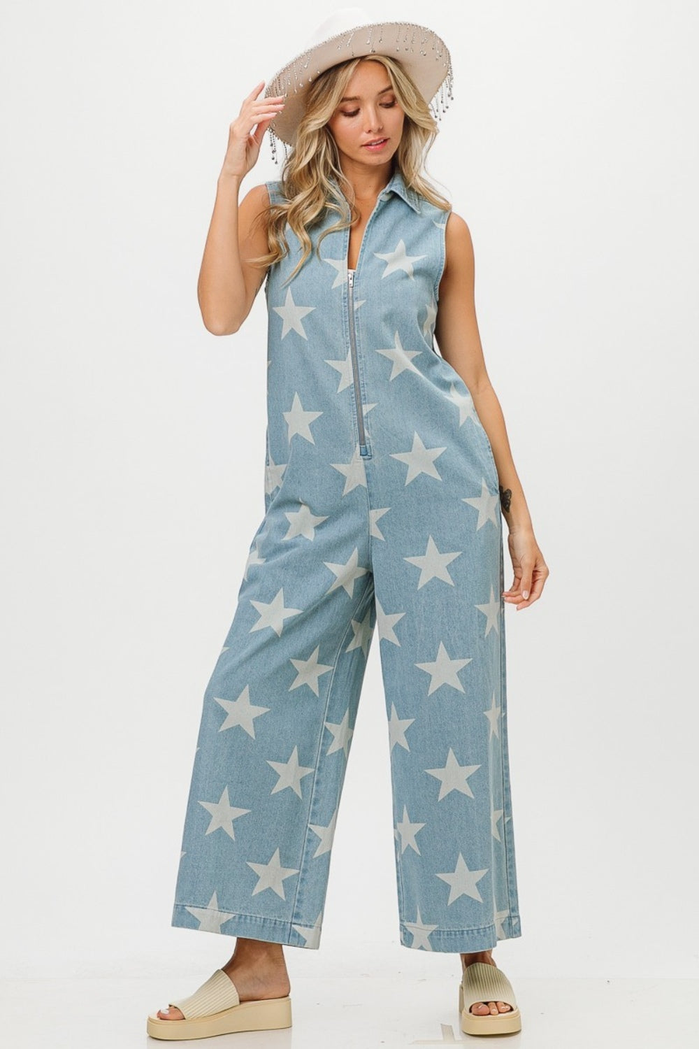 BiBi Star Print Half Zip Sleeveless Denim Jumpsuit-TOPS / DRESSES-[Adult]-[Female]-2022 Online Blue Zone Planet