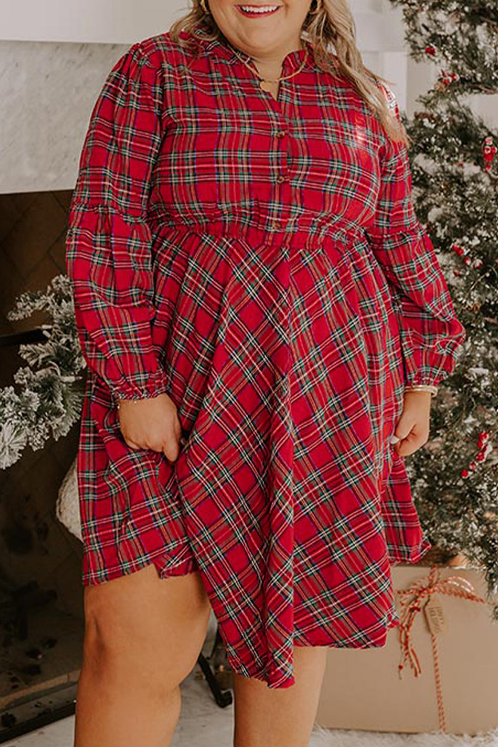 Red Plus Size Plaid Half Button Long Sleeve Holiday Dress-TOPS / DRESSES-[Adult]-[Female]-Red-1X-2022 Online Blue Zone Planet