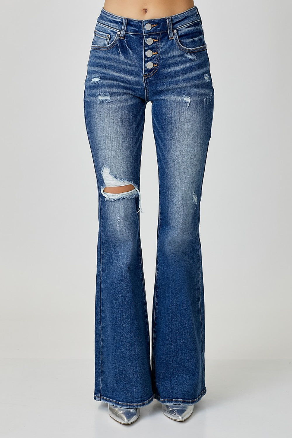 RISEN Distressed Button-Fly Flare Jeans-BOTTOMS SIZES SMALL MEDIUM LARGE-[Adult]-[Female]-2022 Online Blue Zone Planet