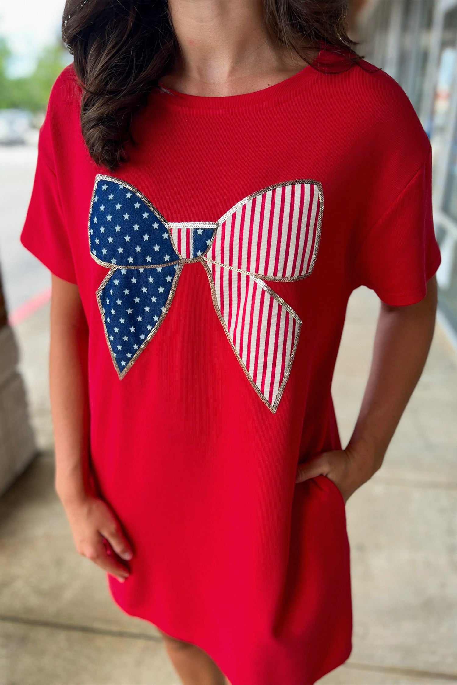 Fiery Red Sequin Trim Stars and Stripes Bow Patched T Shirt Mini Dress-Dresses/T Shirt Dresses-[Adult]-[Female]-2022 Online Blue Zone Planet