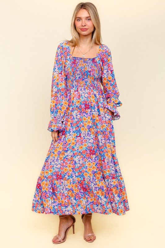 Haptics Smocked Floral Square Neck Flounce Sleeve Dress-TOPS / DRESSES-[Adult]-[Female]-2022 Online Blue Zone Planet