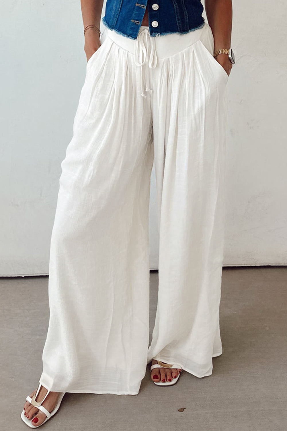 White Solid Drop Waist Pleated Wide Leg Casual Pants-Bottoms/Pants & Culotte-[Adult]-[Female]-2022 Online Blue Zone Planet