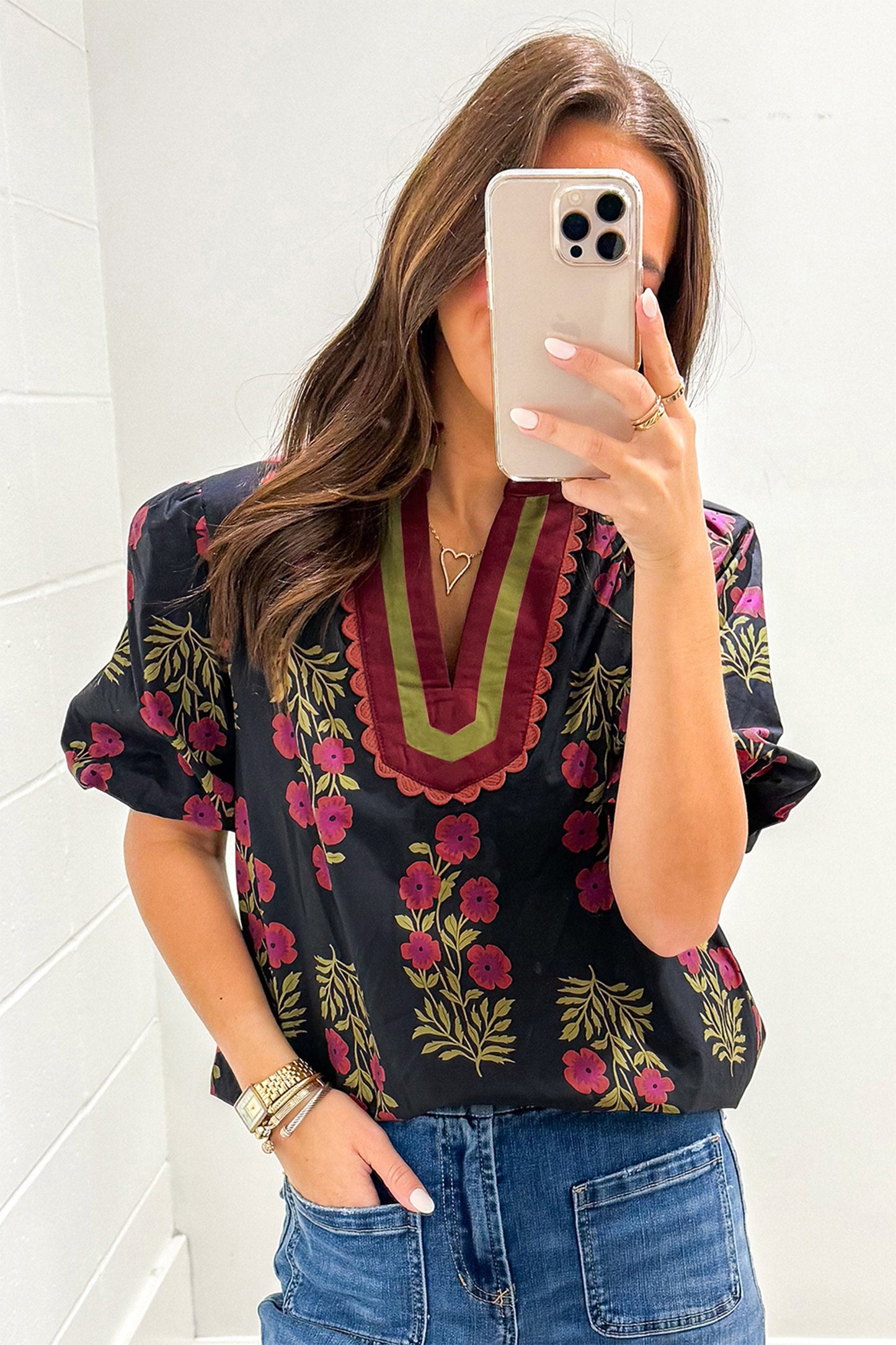 Black Floral Short Bubble Sleeve Contrast Slit Neckline Blouse-Tops/Blouses & Shirts-[Adult]-[Female]-2022 Online Blue Zone Planet