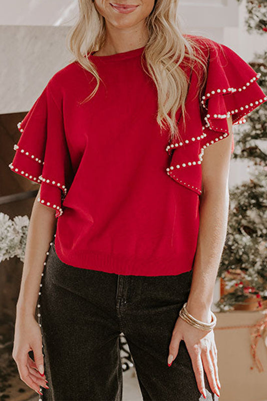 Racing Red Pearl Embellished Double Ruffle Short Sleeve Sweater-TOPS / DRESSES-[Adult]-[Female]-Racing Red-S-2022 Online Blue Zone Planet