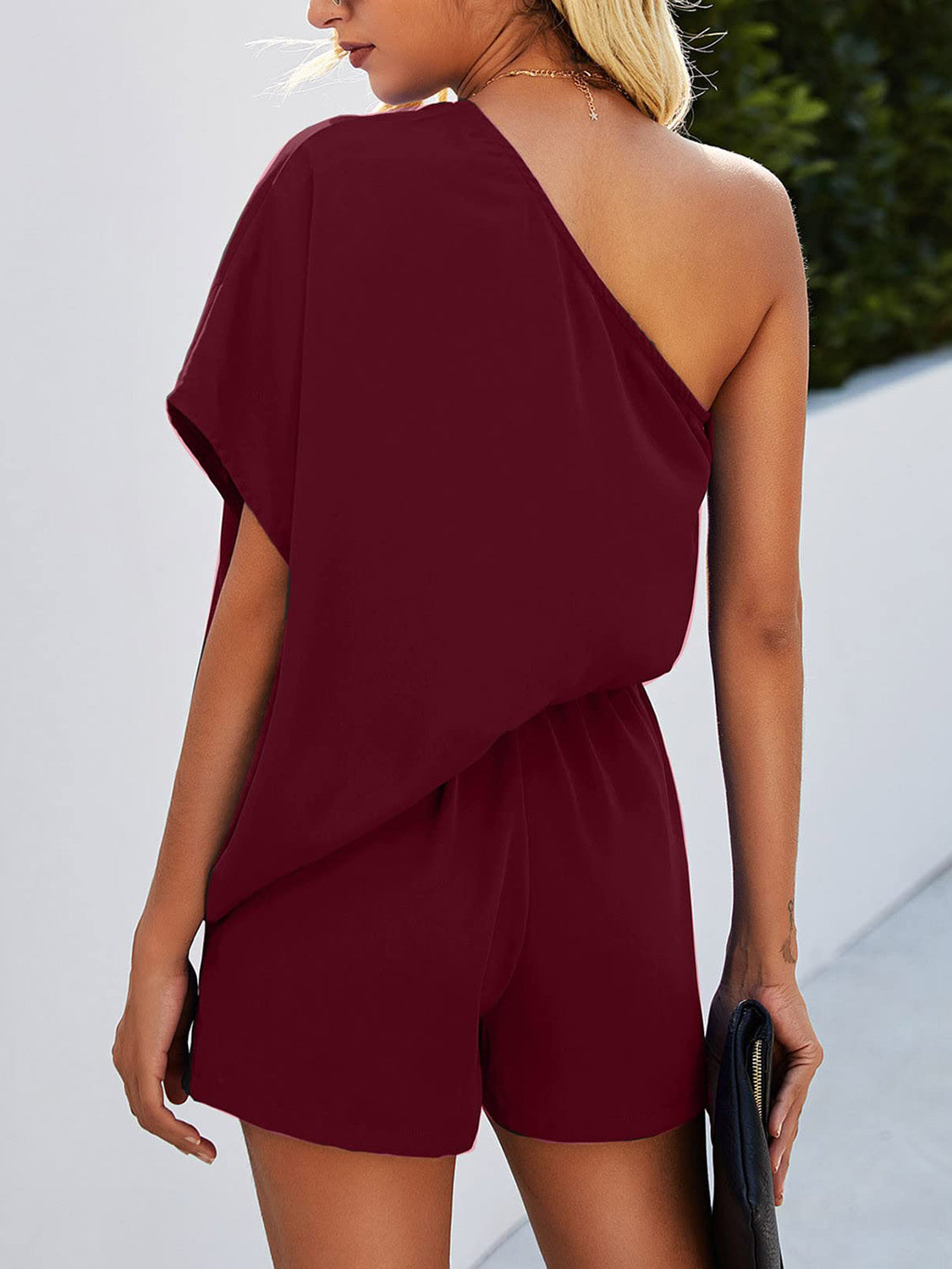 Blue Zone Planet | Single Shoulder Batwing Sleeve Romper-TOPS / DRESSES-[Adult]-[Female]-Burgundy-S-2022 Online Blue Zone Planet