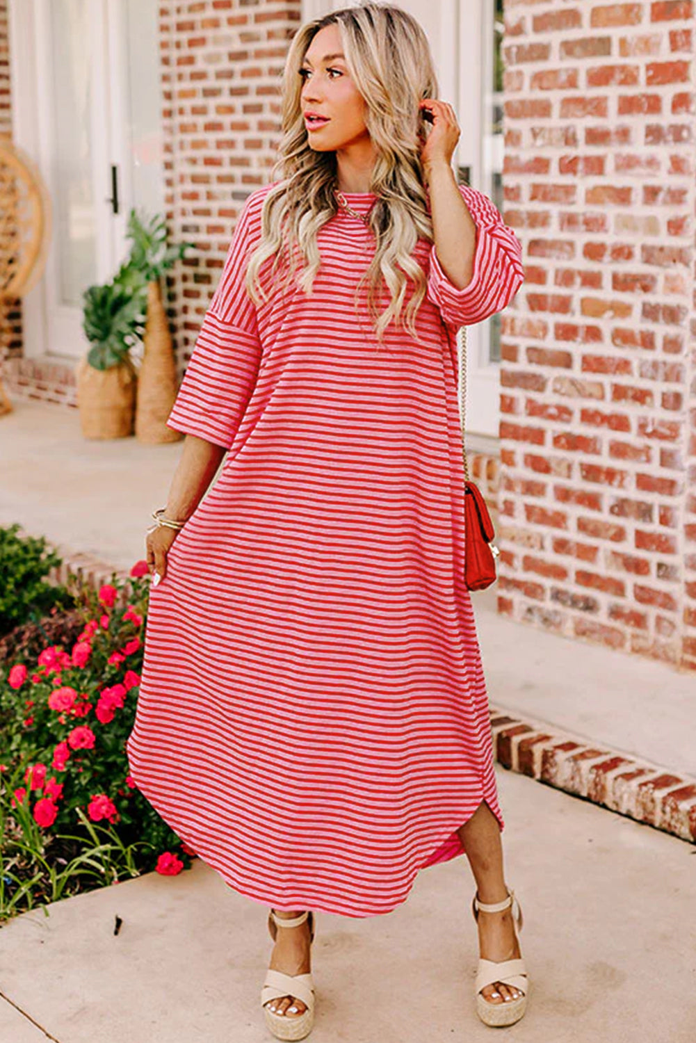 Strawberry Pink Striped 3/4 Sleeve Round Hem Shift T Shirt Dress-Dresses/T Shirt Dresses-[Adult]-[Female]-2022 Online Blue Zone Planet