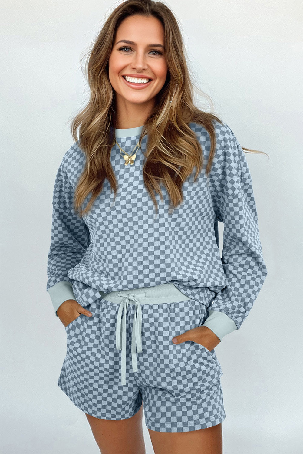 Sky Blue Checkerboard Long Sleeve Pullover and Shorts Set-Two Piece Sets/Short Sets-[Adult]-[Female]-2022 Online Blue Zone Planet
