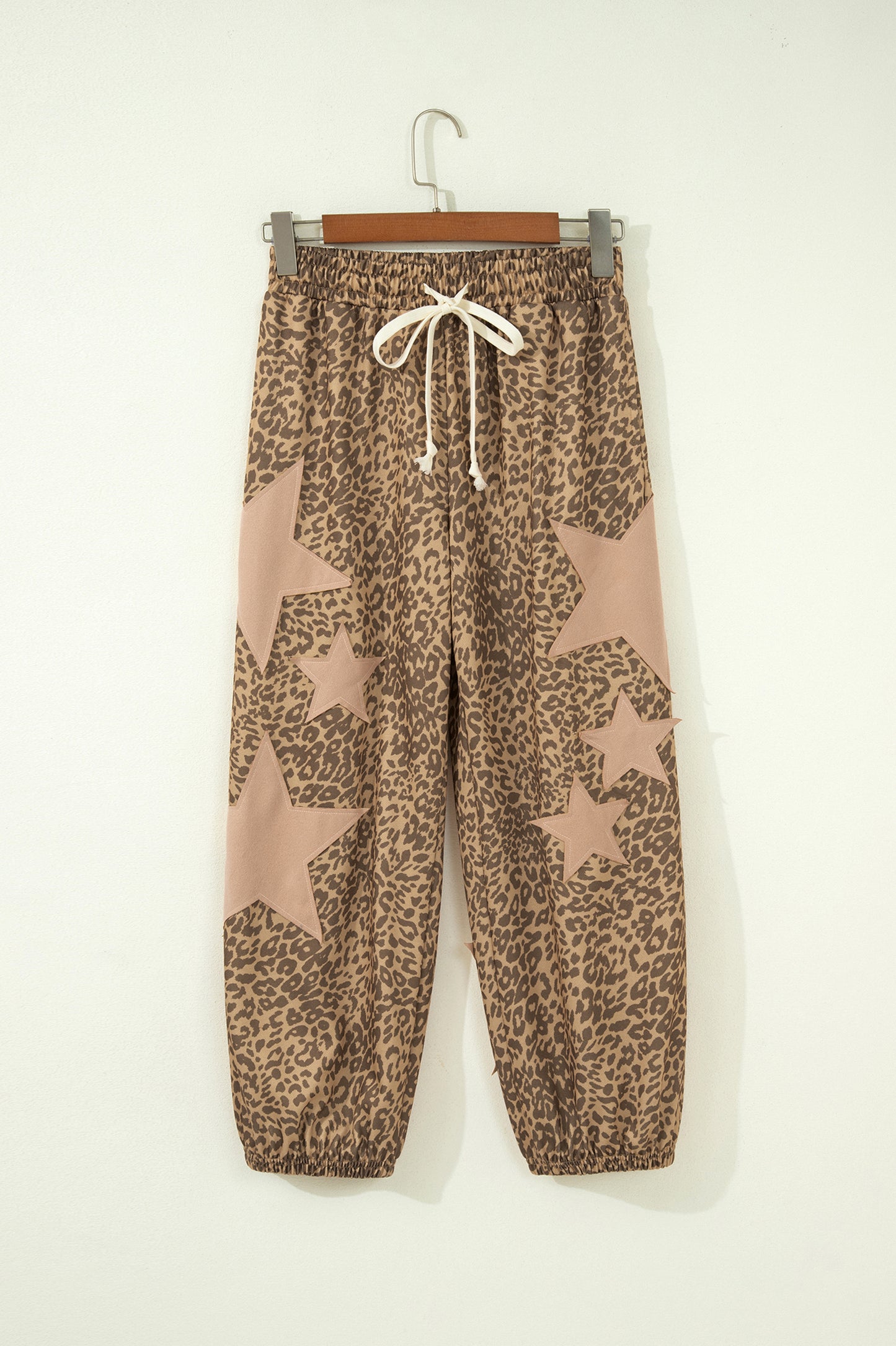 Khaki Leopard Print Star Patched Drawstring Elastic Waist Jogger Pants-Bottoms/Pants & Culotte-[Adult]-[Female]-2022 Online Blue Zone Planet