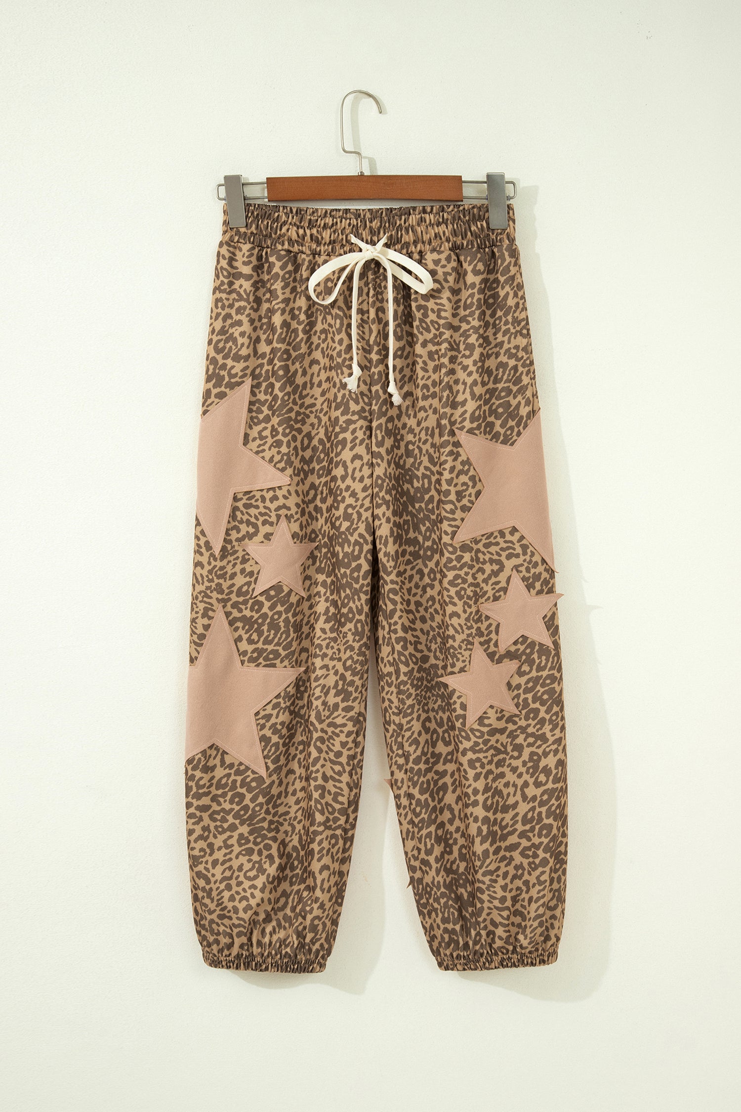 Khaki Leopard Print Star Patched Drawstring Elastic Waist Jogger Pants-Bottoms/Pants & Culotte-[Adult]-[Female]-2022 Online Blue Zone Planet