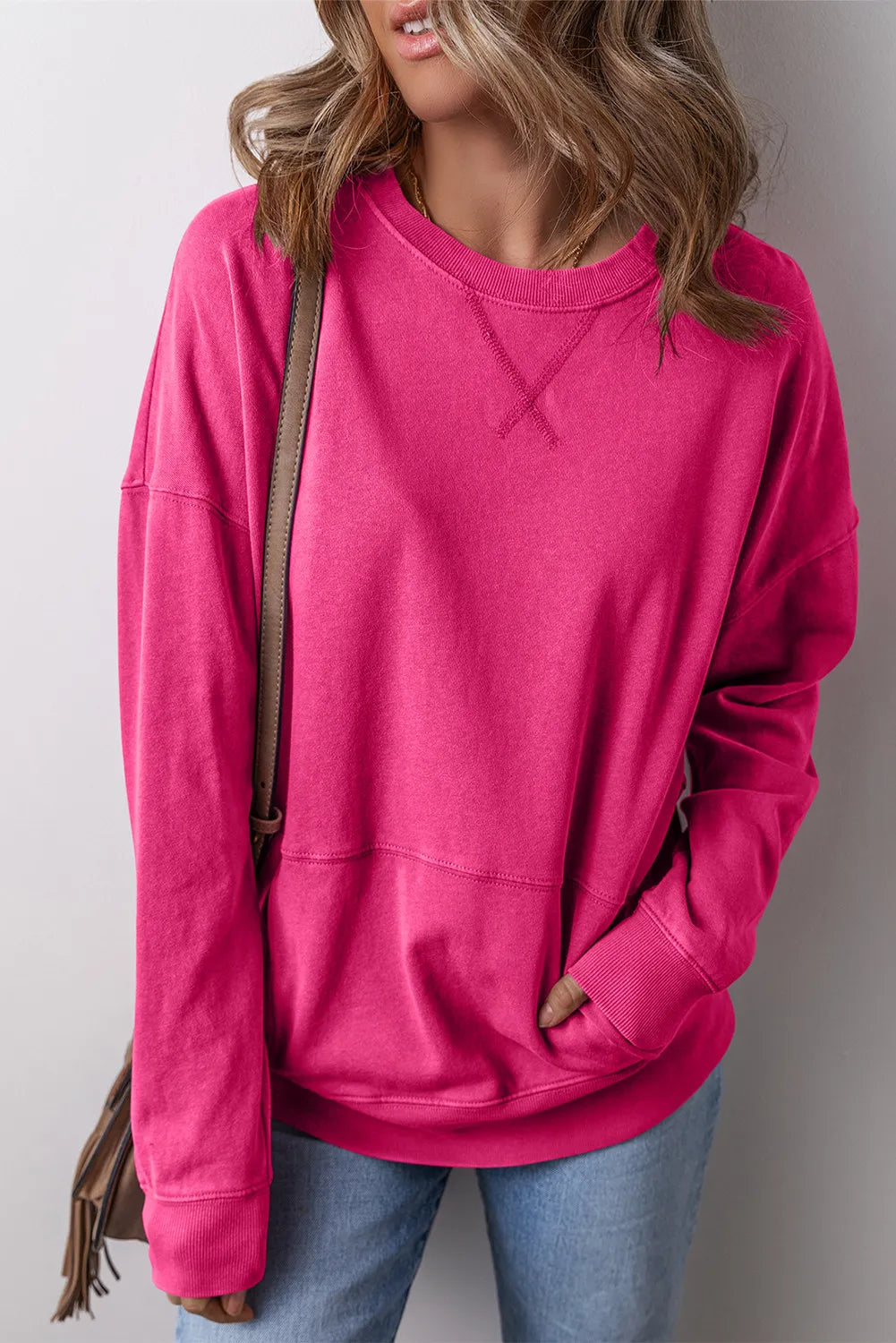 Blue Zone Planet | Round Neck Long Sleeve Sweatshirt-TOPS / DRESSES-[Adult]-[Female]-Hot Pink-S-2022 Online Blue Zone Planet