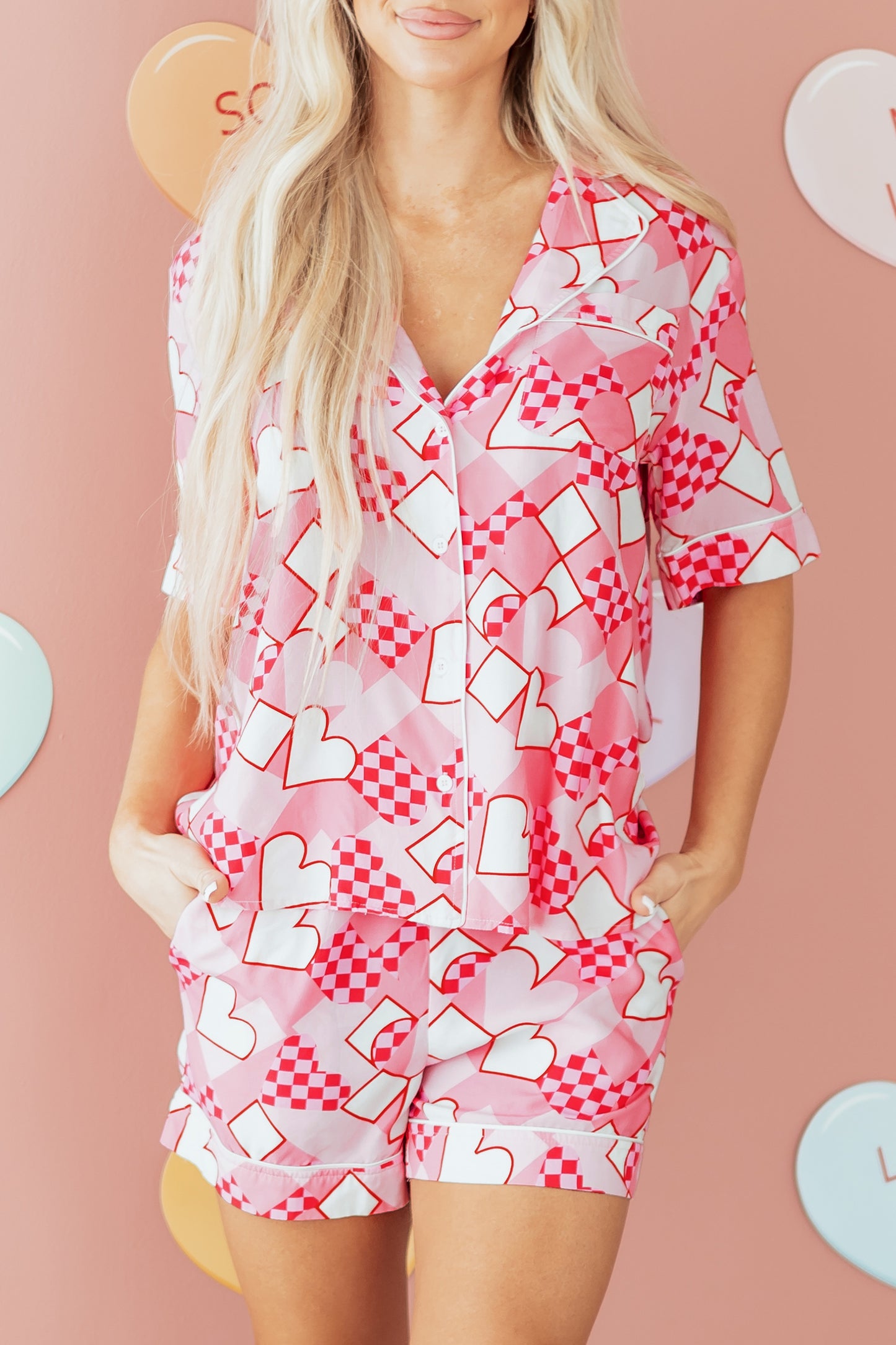 Pink Heart Print Shirt Style Silky Short Pajama Set-Loungewear & Sleepwear/Sleepwear-[Adult]-[Female]-2022 Online Blue Zone Planet