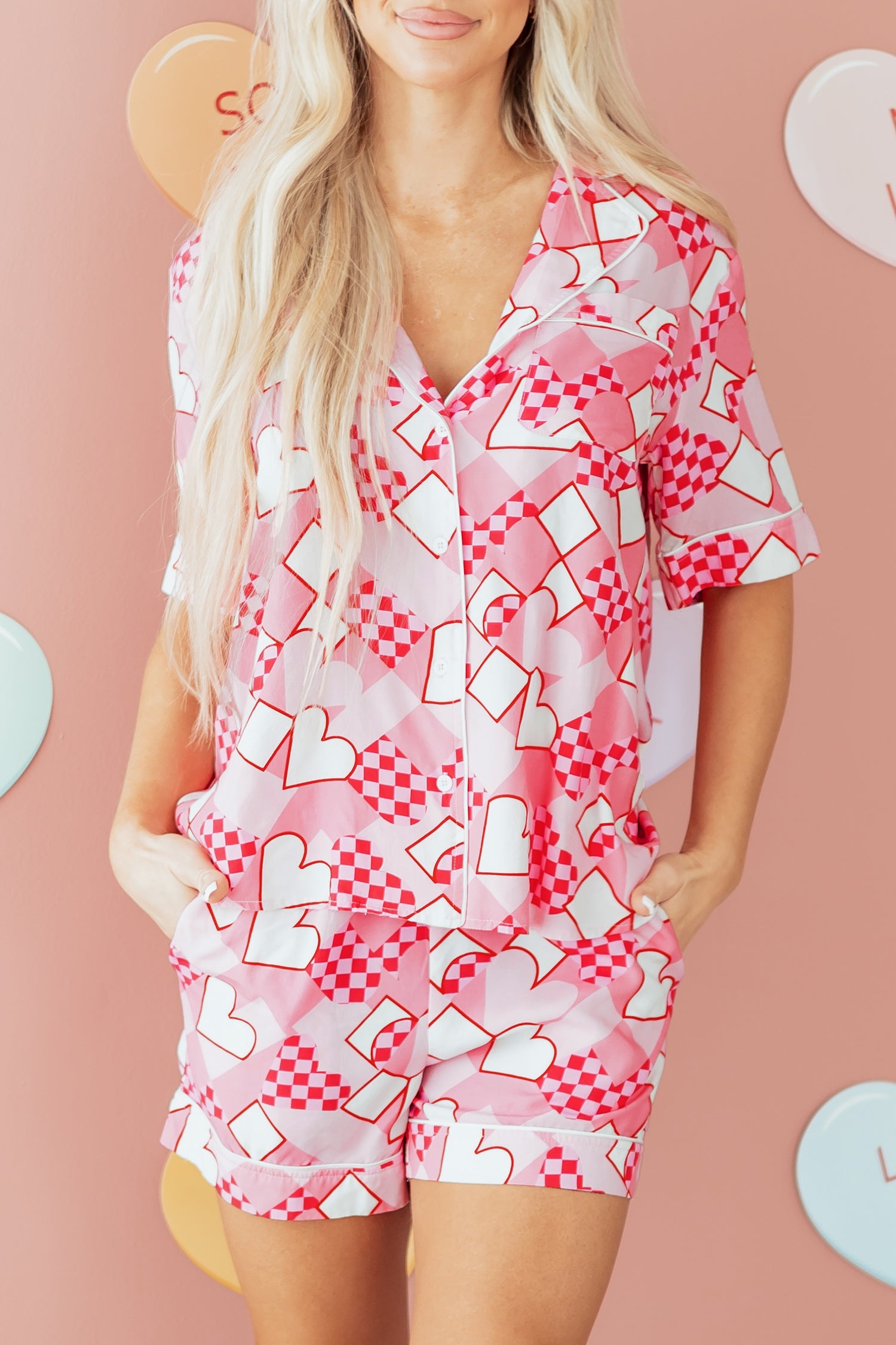 Pink Heart Print Shirt Style Silky Short Pajama Set-Loungewear & Sleepwear/Sleepwear-[Adult]-[Female]-2022 Online Blue Zone Planet