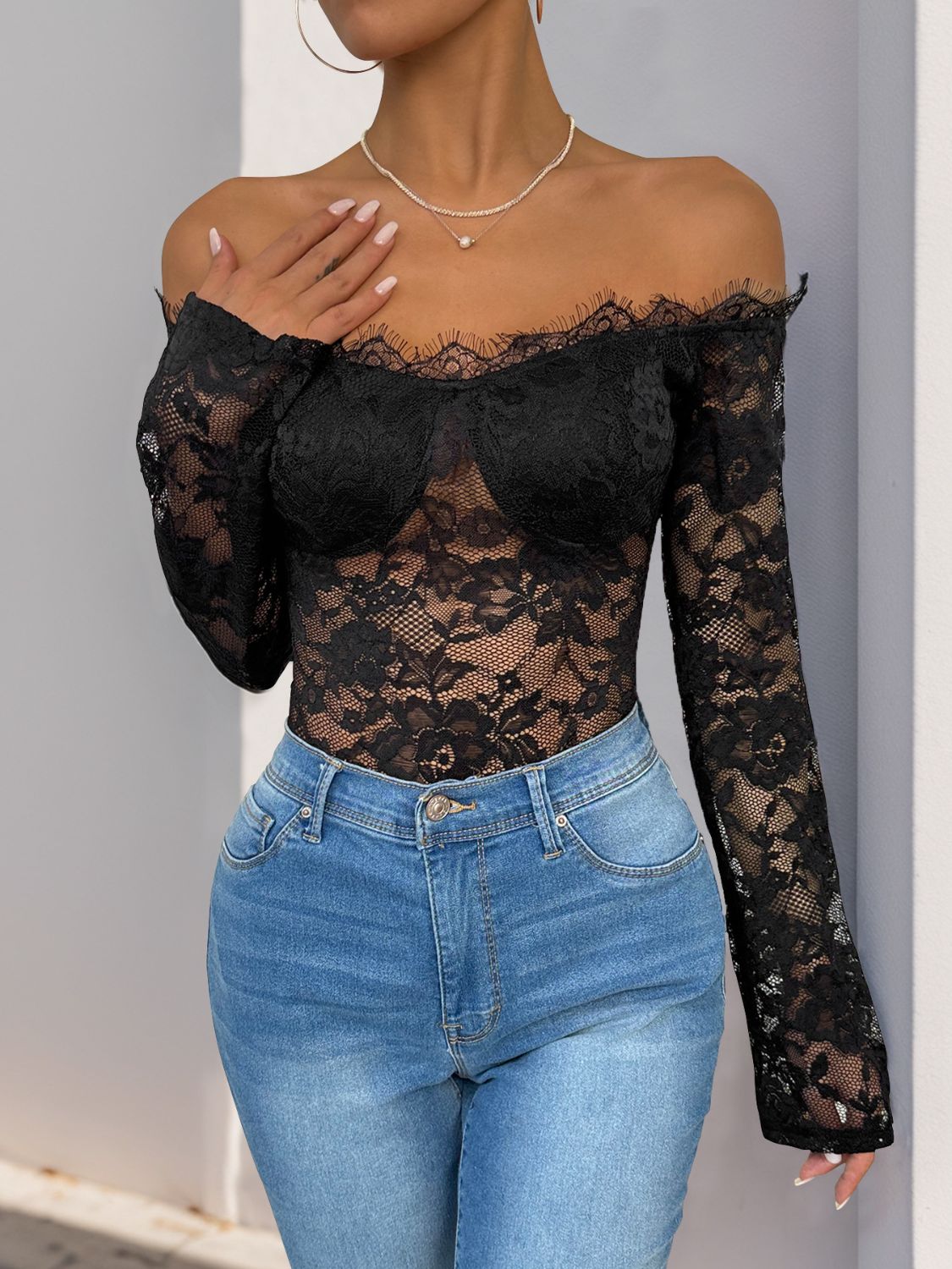 Perfee Lace Off-Shoulder Long Sleeve Bodysuit-TOPS / DRESSES-[Adult]-[Female]-Black-S-2022 Online Blue Zone Planet