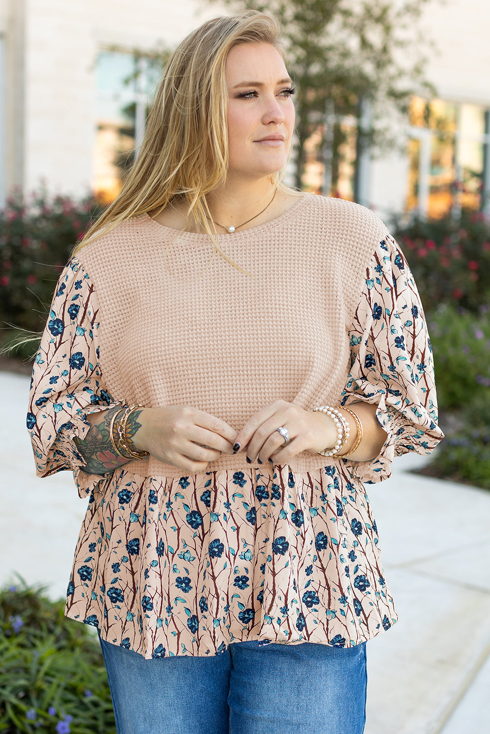 Blue Zone Planet | Beige Faux Two Piece Knit Patchwork Floral Print Plus Size Top-Plus Size/Plus Size Tops/Plus Size Blouses & Shirts-[Adult]-[Female]-2022 Online Blue Zone Planet