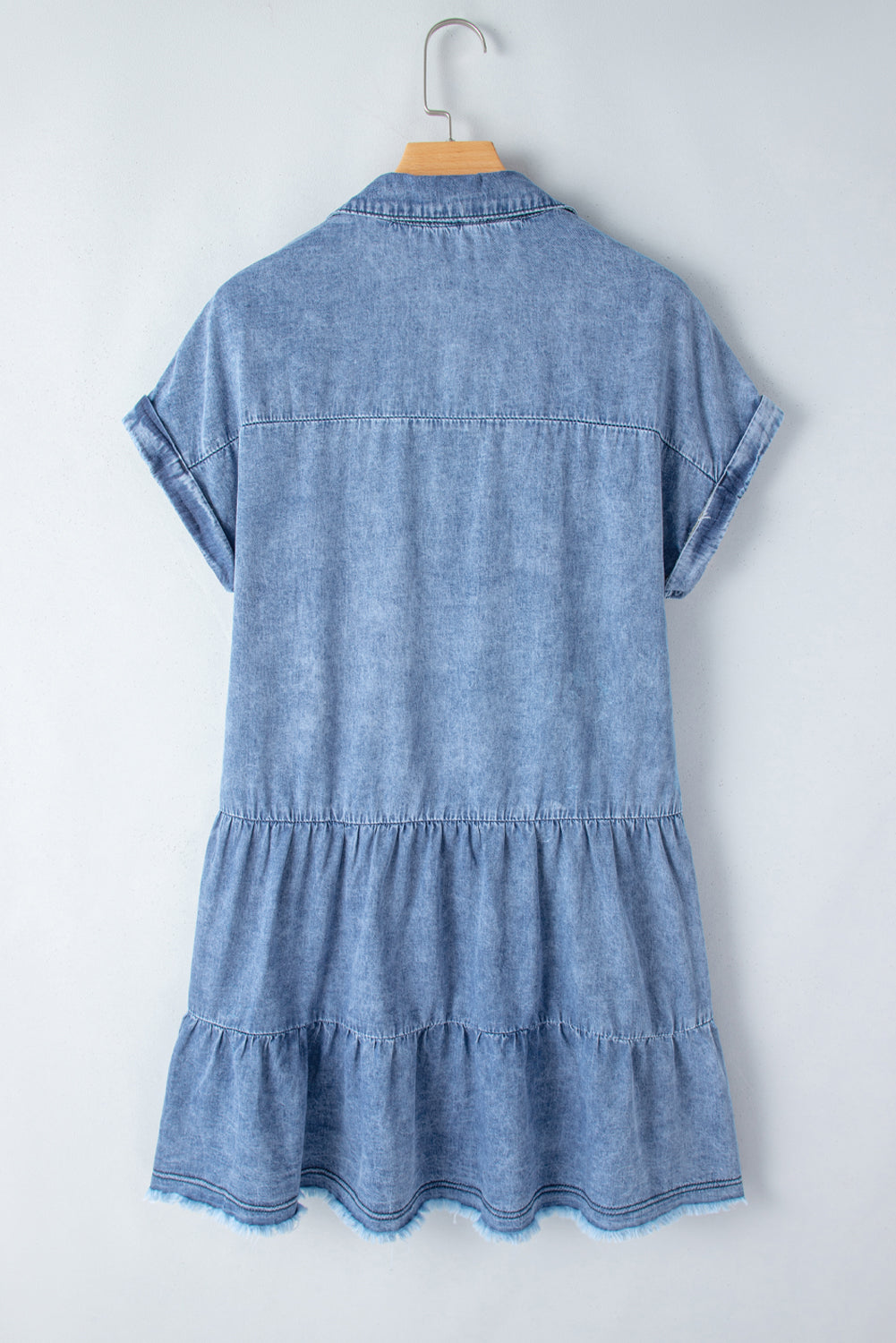 Raw Hem Collared Neck Short Sleeve Denim Dress-TOPS / DRESSES-[Adult]-[Female]-2022 Online Blue Zone Planet