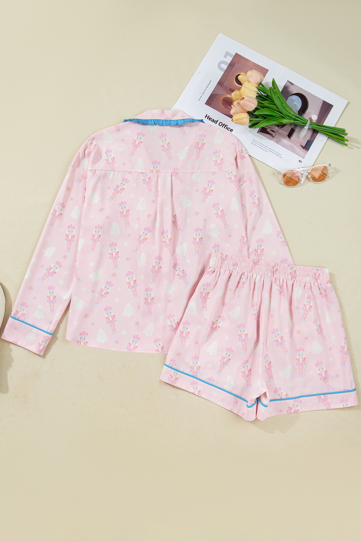Pink Bow Tie Front Christmas Nutcracker Long Sleeve Shirt Shorts Pajama Set-Loungewear & Sleepwear/Sleepwear-[Adult]-[Female]-2022 Online Blue Zone Planet