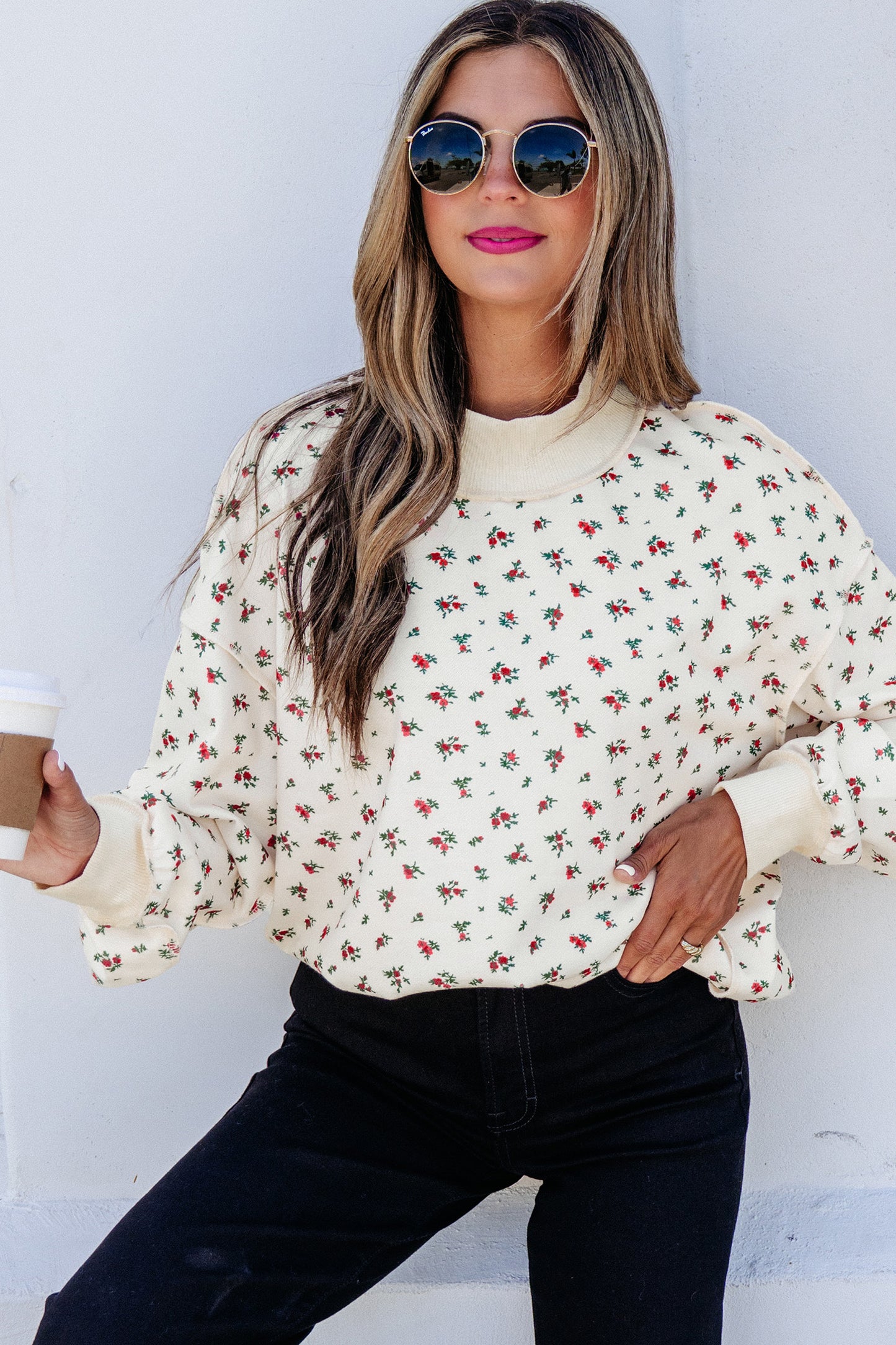 Beige Ribbed High Neck Patchwork Floral Print Baggy Pullover Sweatshirt-Tops/Sweatshirts & Hoodies-[Adult]-[Female]-2022 Online Blue Zone Planet
