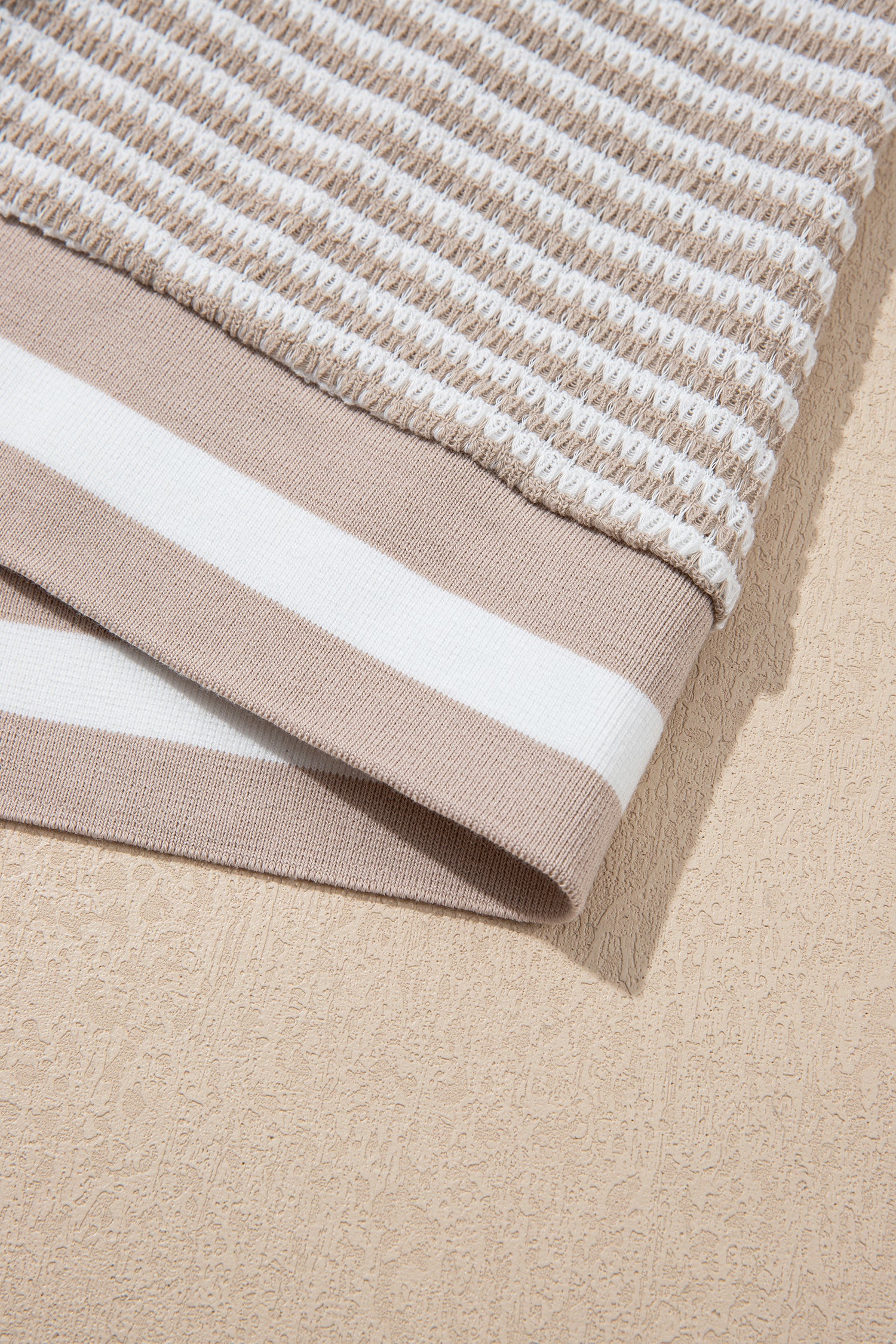 Beige Striped Textured Knit V Neck Casual Top-Tops/Long Sleeve Tops-[Adult]-[Female]-2022 Online Blue Zone Planet