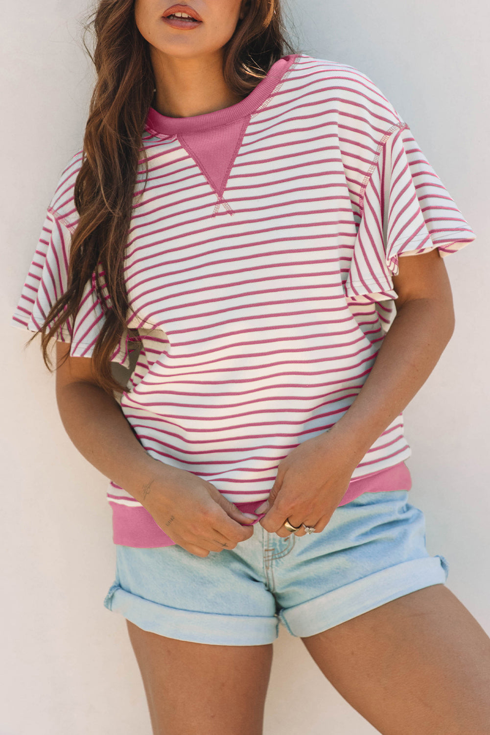 Sachet Pink Contrast Detail Striped Ruffle Short Sleeve Top-Tops/Tops & Tees-[Adult]-[Female]-2022 Online Blue Zone Planet