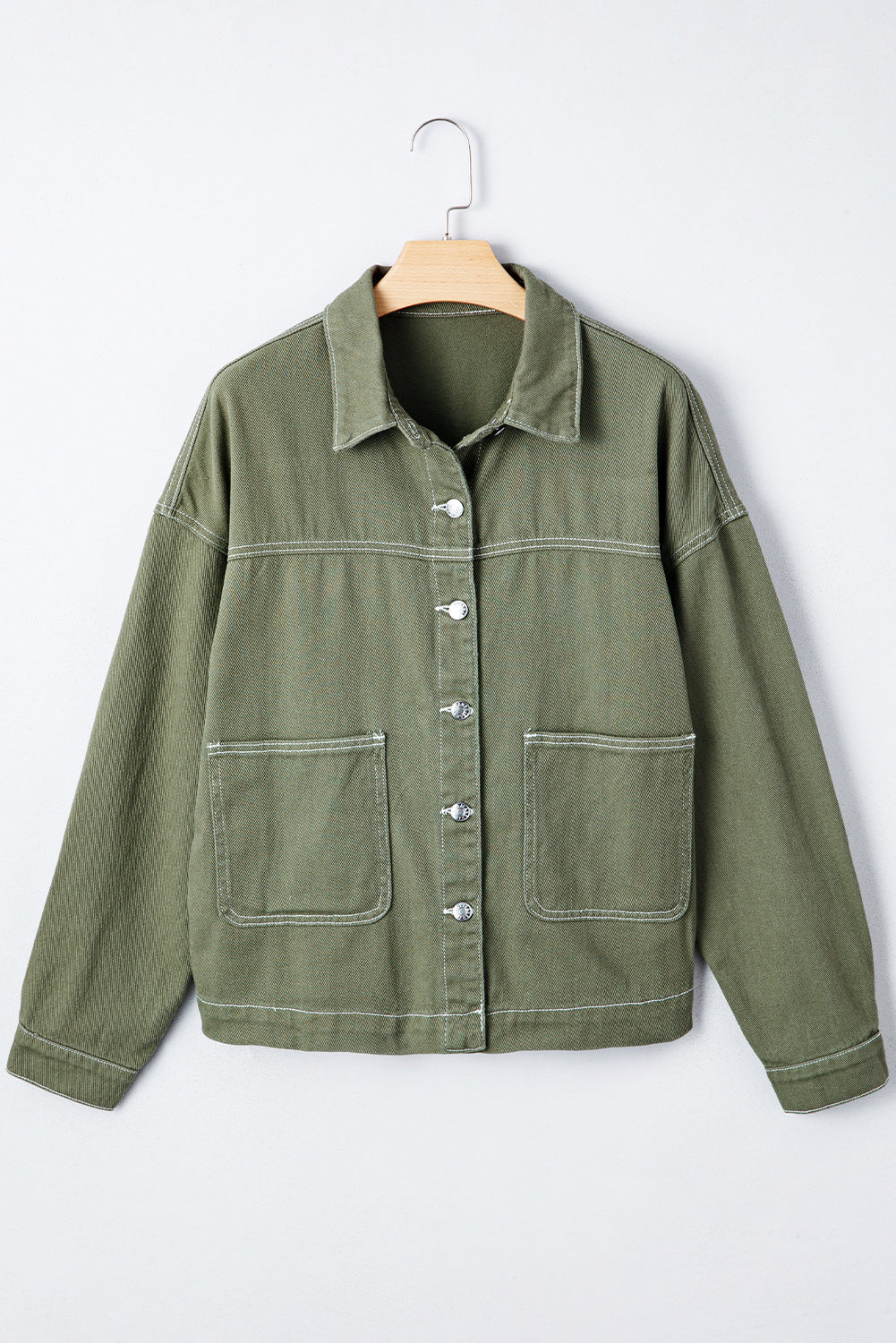 Smoke Green Patched Pocket Collared Button Front Boyfriend Denim Jacket-Outerwear/Denim jackets-[Adult]-[Female]-2022 Online Blue Zone Planet
