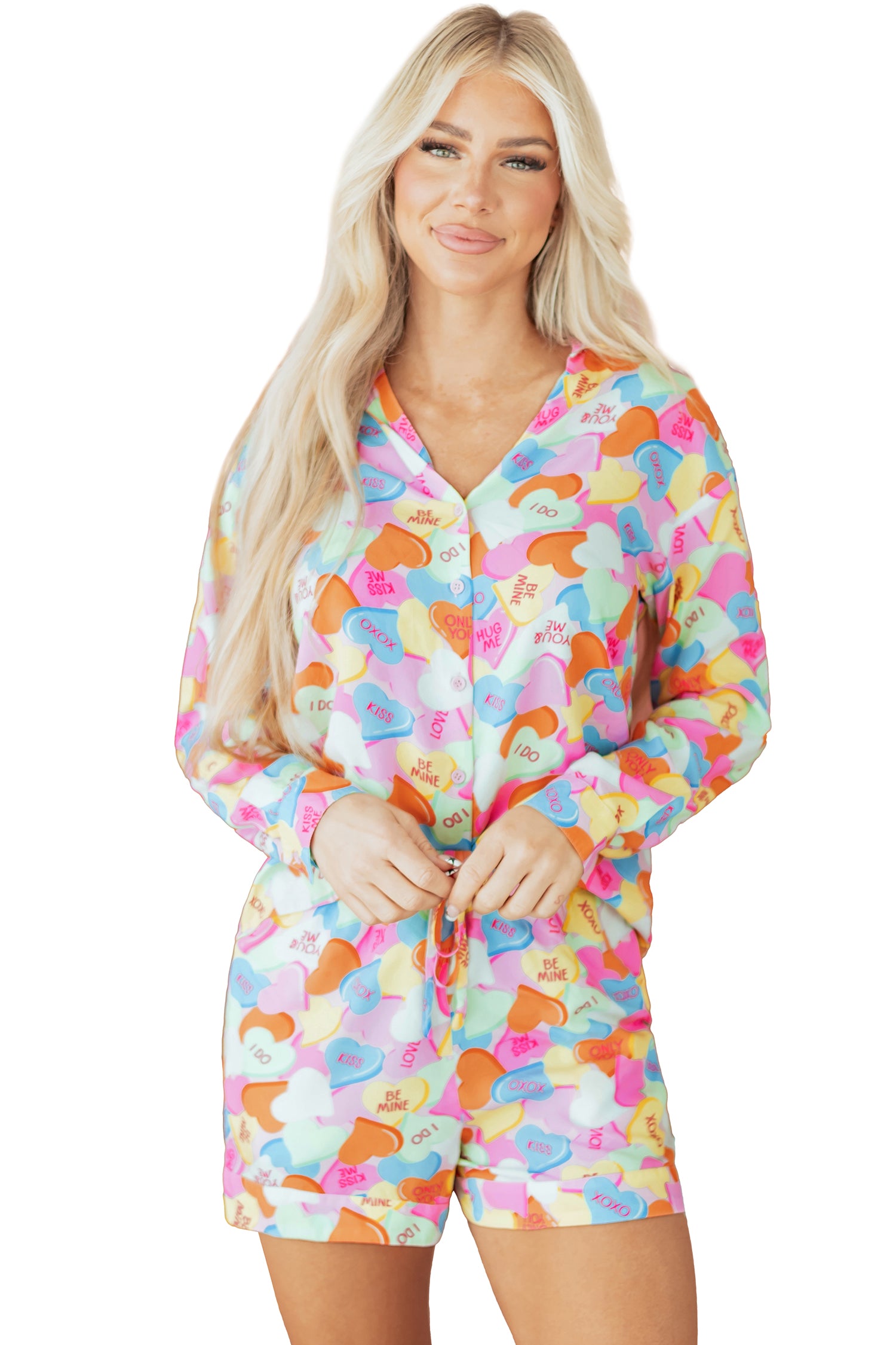 Pink Valentines Candy Heart V Neck Collared Tunic Shirt and Shorts 2pcs Pajama Set-Loungewear & Sleepwear/Loungewear-[Adult]-[Female]-2022 Online Blue Zone Planet