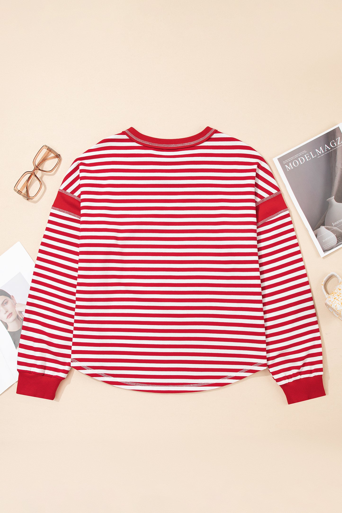 Red Stripe Exposed Seam V Neck Balloon Sleeve Pullover-Tops/Long Sleeve Tops-[Adult]-[Female]-2022 Online Blue Zone Planet